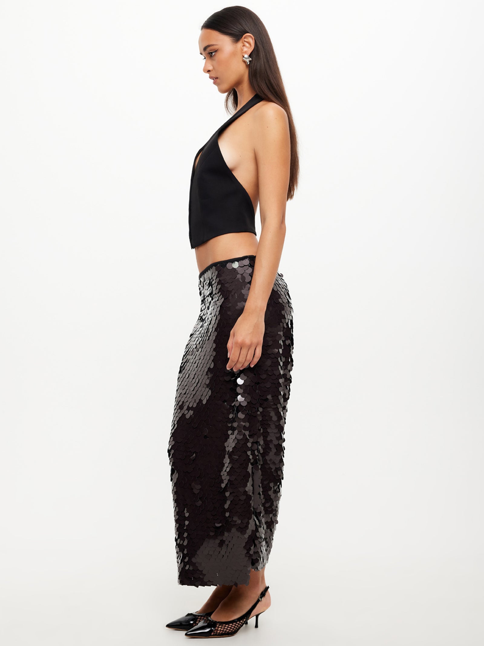 Night Rider Sequin Sequin Midi Skirt in Onyx