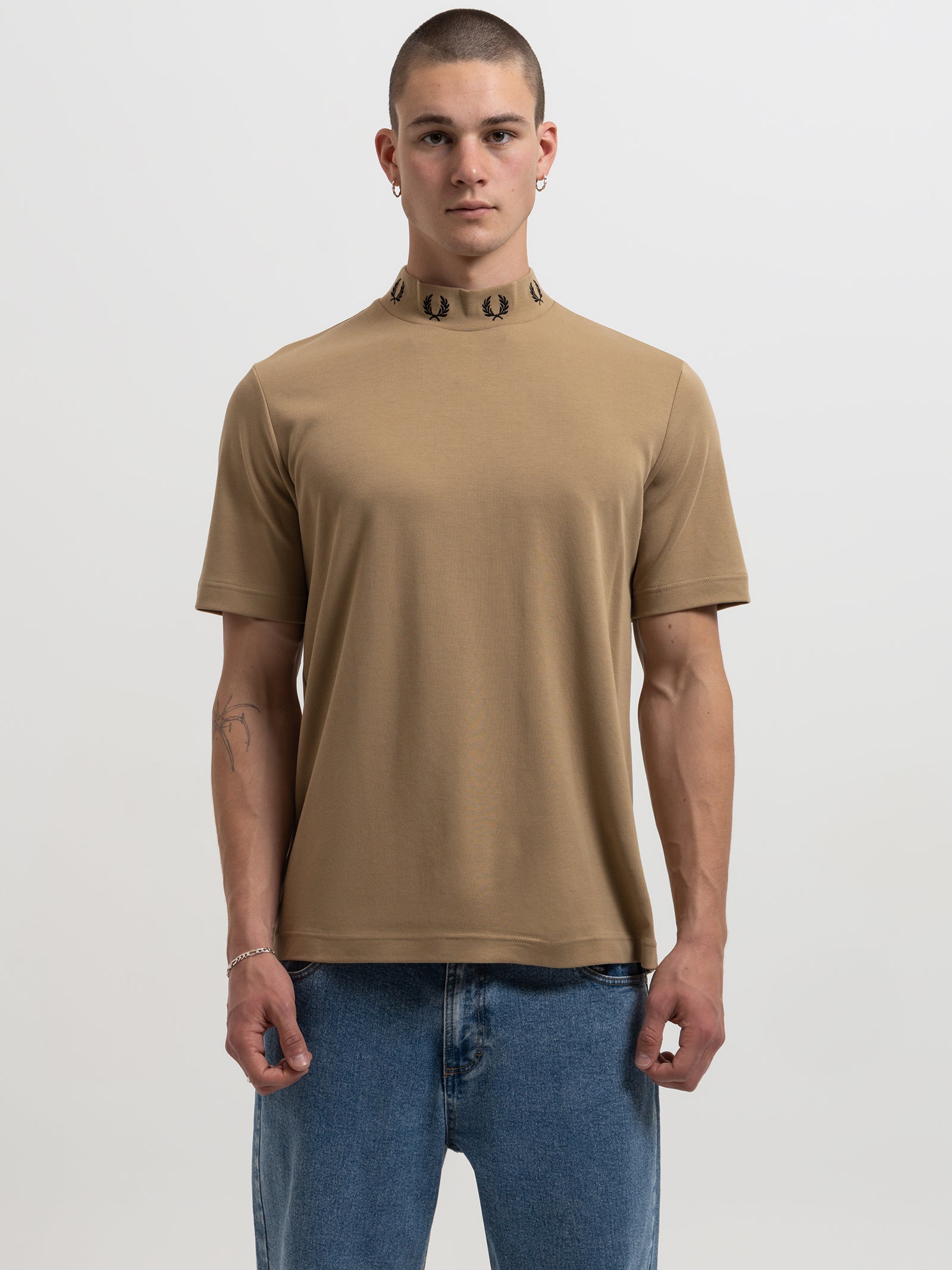 Laurel Wreath High Neck T-Shirt in Warm Stone