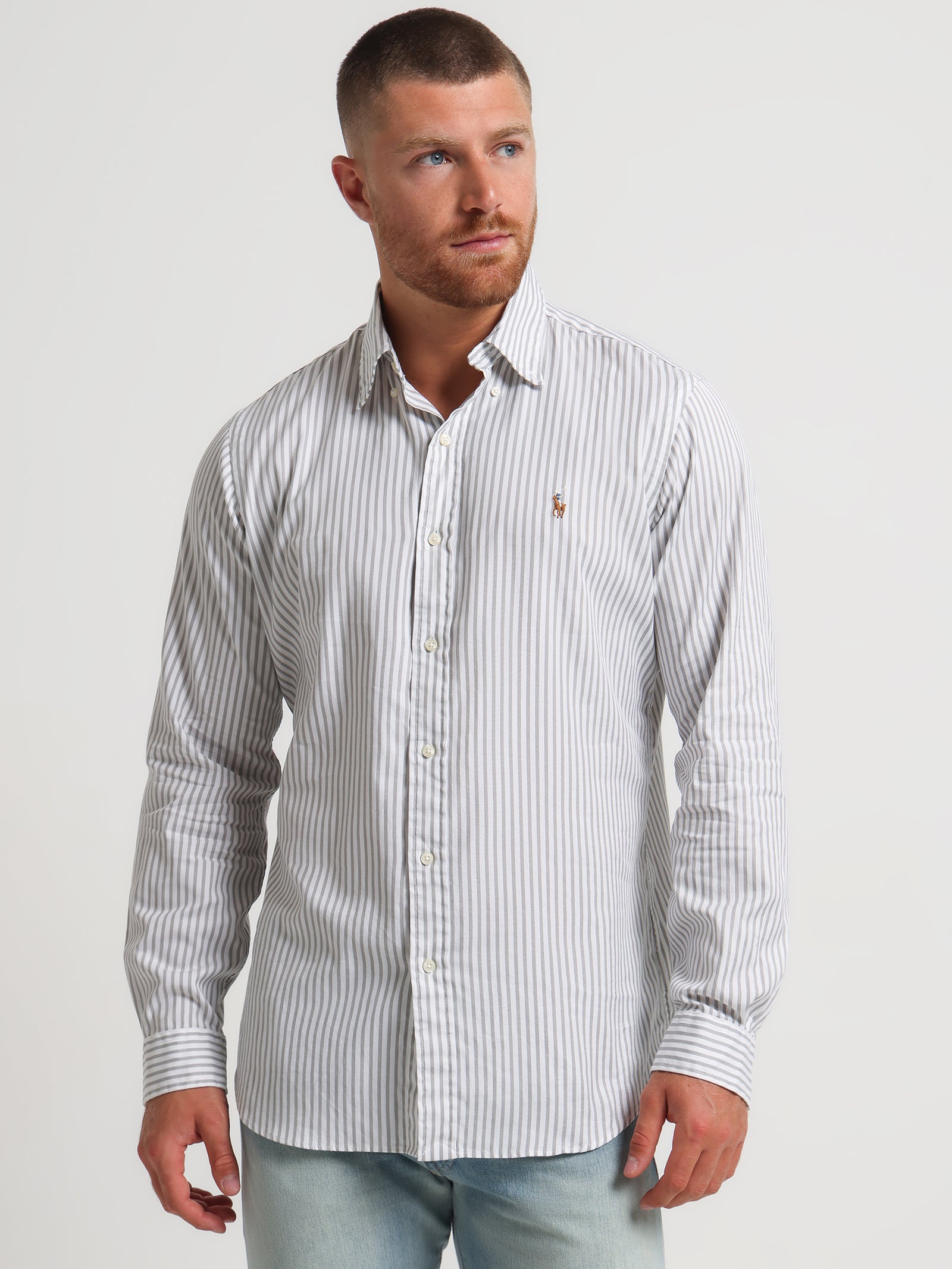 Custom Oxford Striped Button-Down Shirt in Grey & White