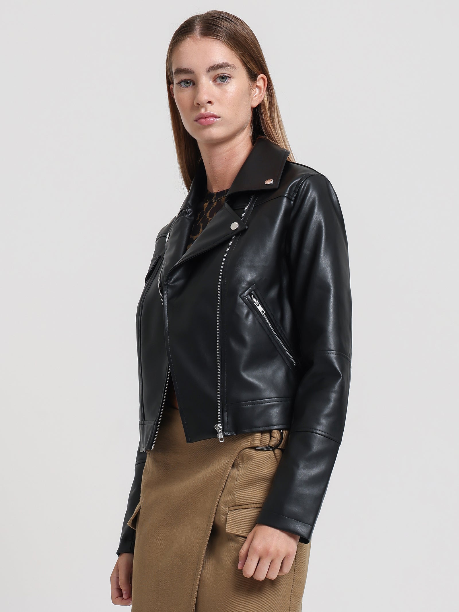 Percy Faux Leather Biker Jacket in Black