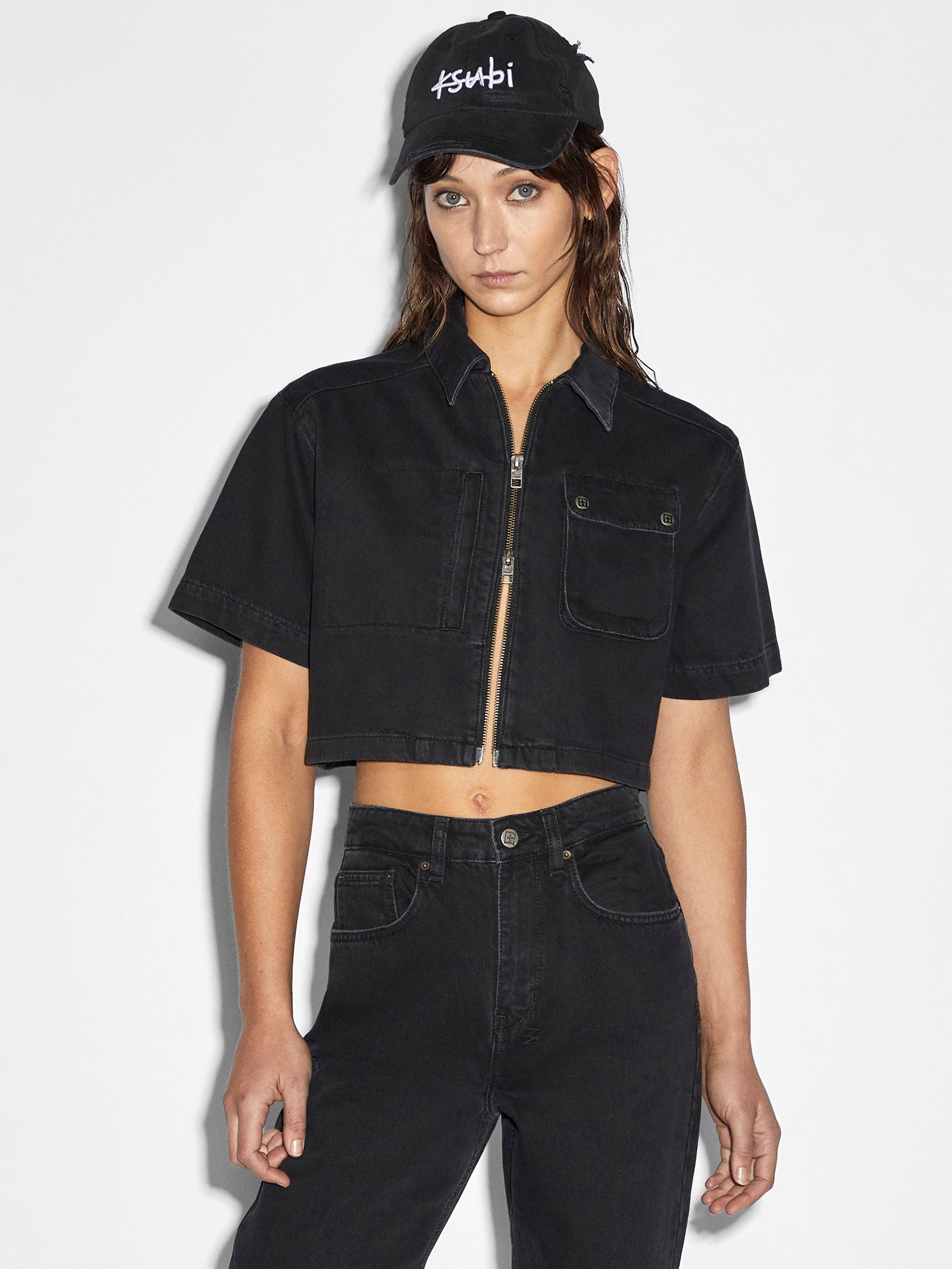 Boxy Crop Short Sleeve Shirt in Stealth Black