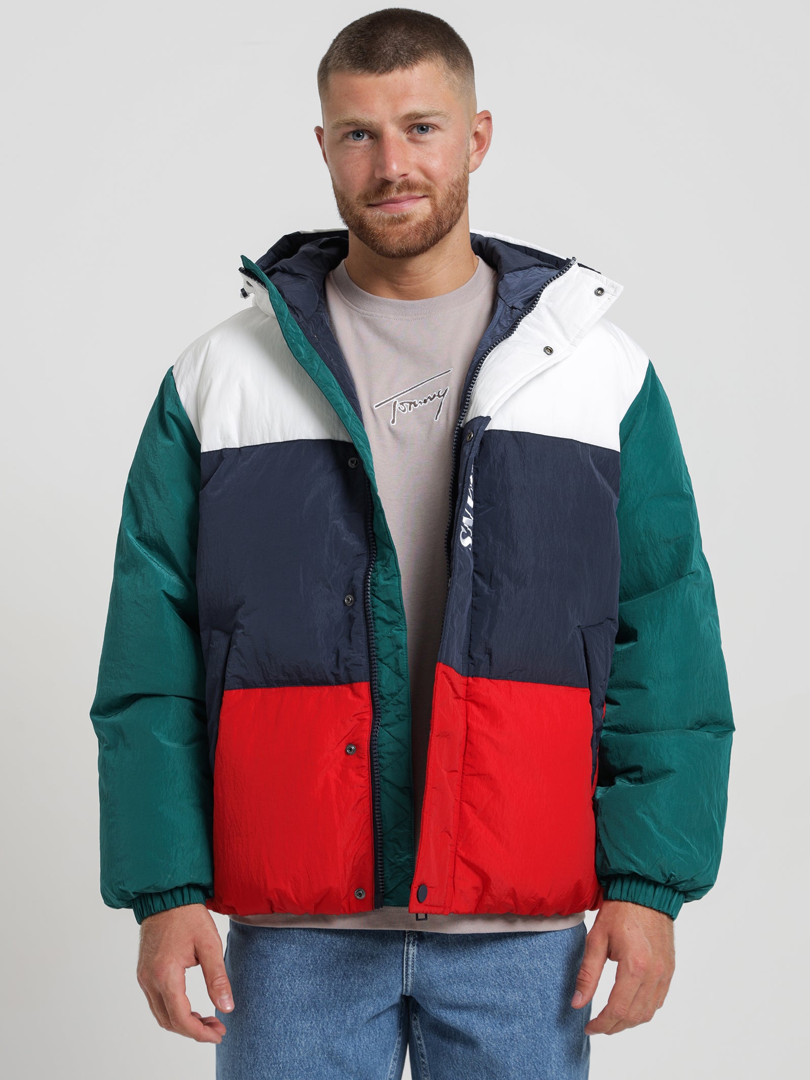 Colour-Blocked Oversized Hooded Puffer Jacket in Multi