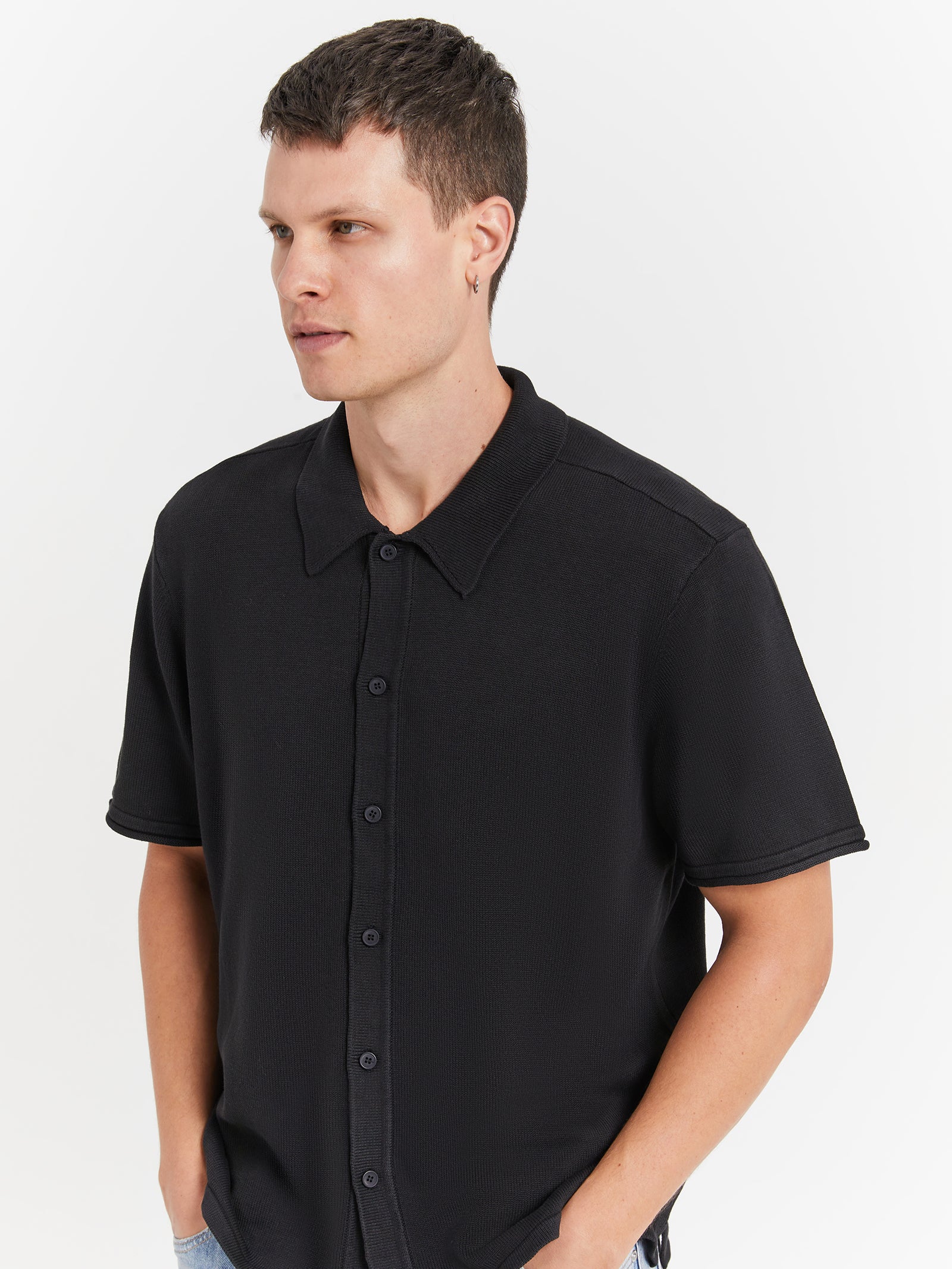 Saville Knit Short Sleeve Shirt in Black