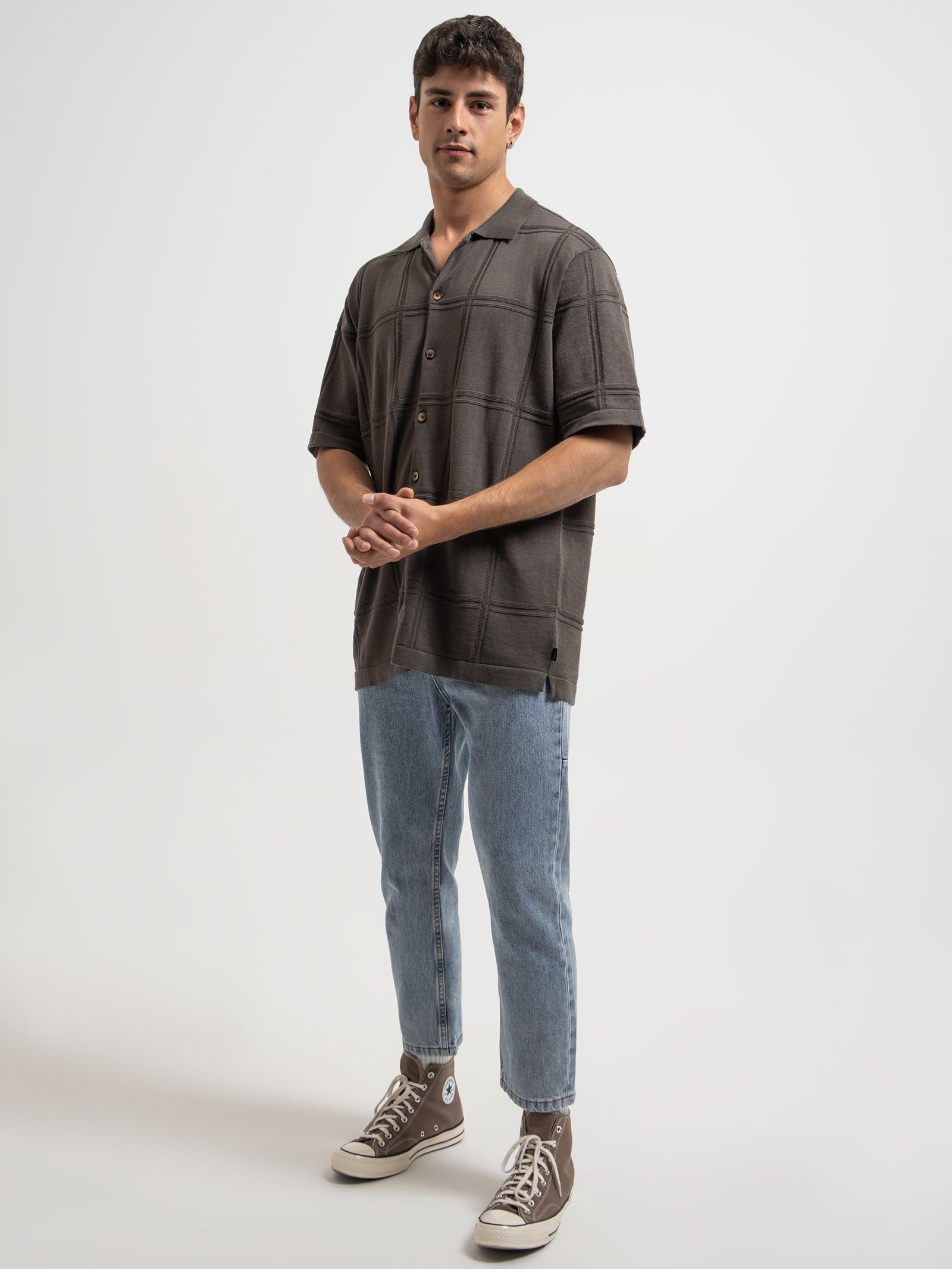 Natural Cooperation Jacquard Bowling Shirt in Tarmac