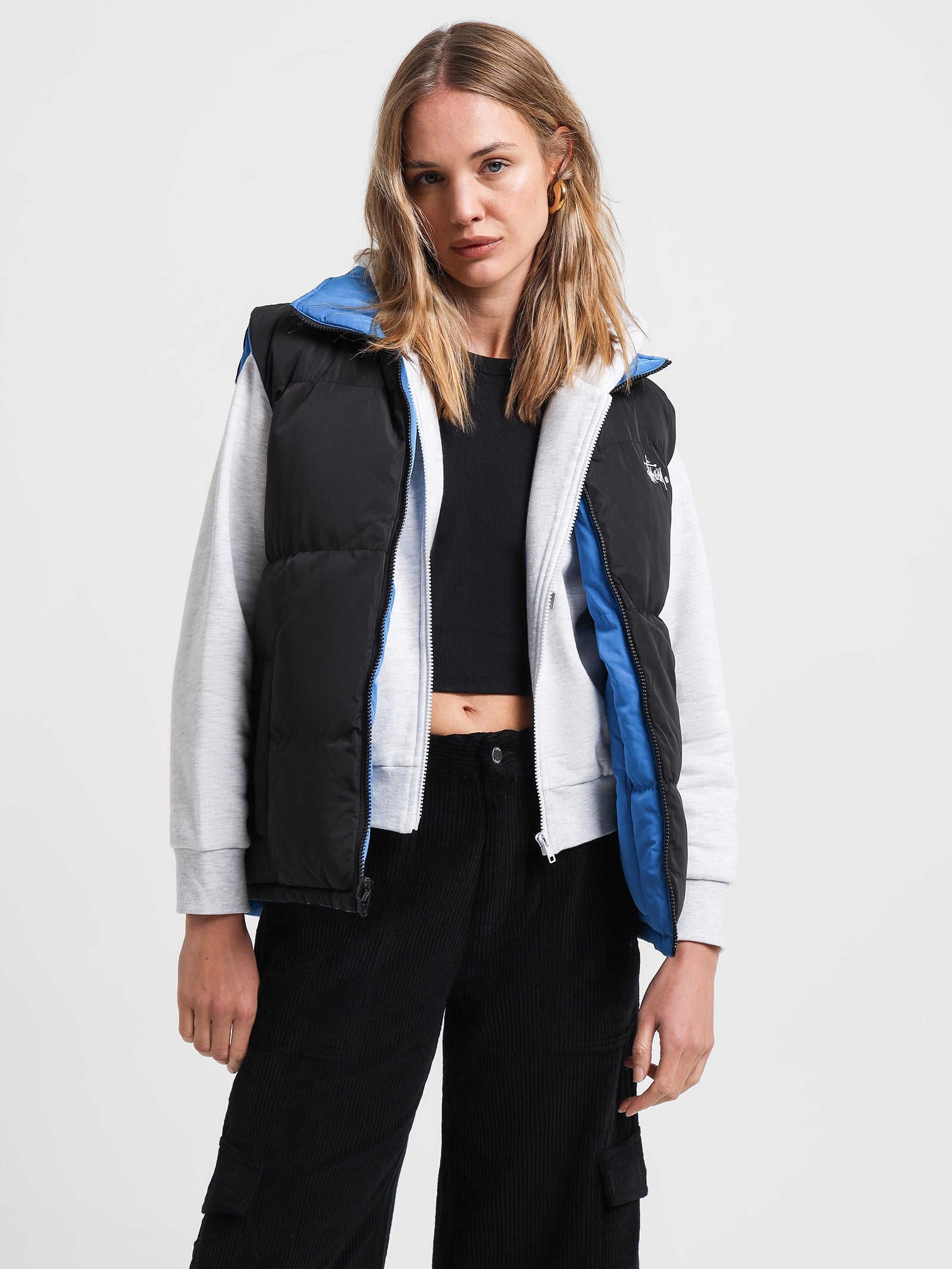 Reversible Graffiti Puffer Vest in Black & Mid Blue