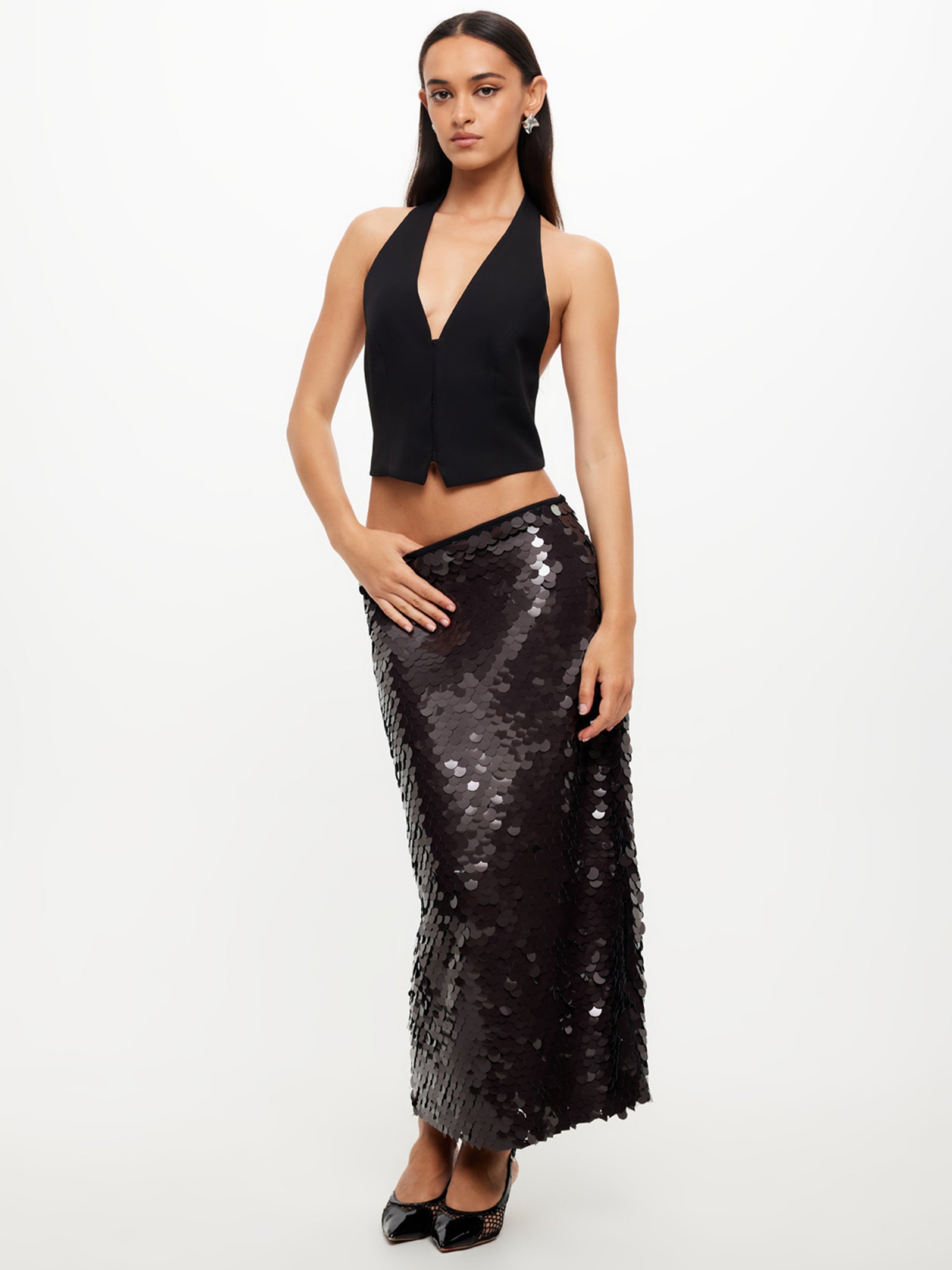 Night Rider Sequin Sequin Midi Skirt in Onyx