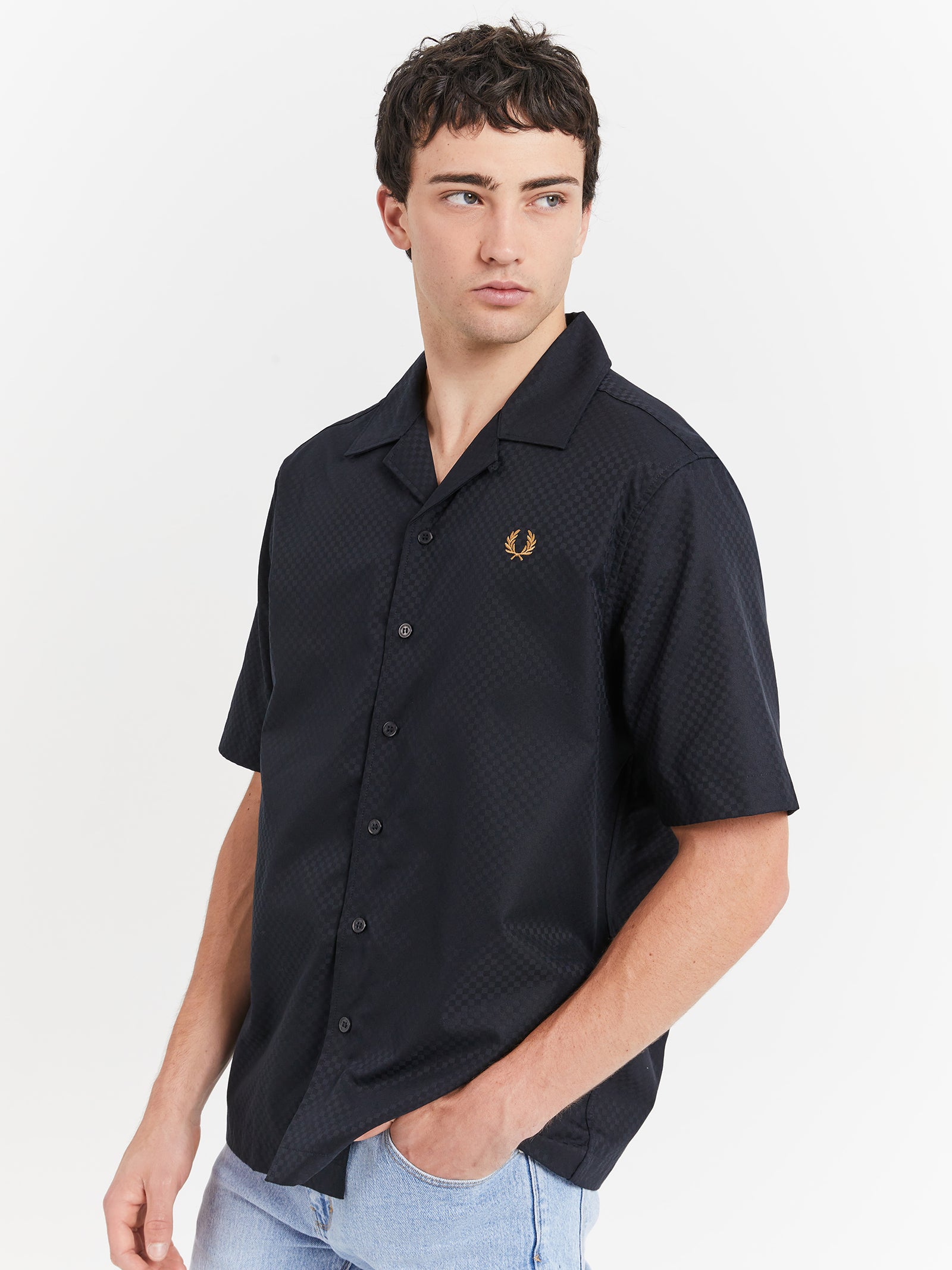 Chequerboard Revere Collar Shirt in Black