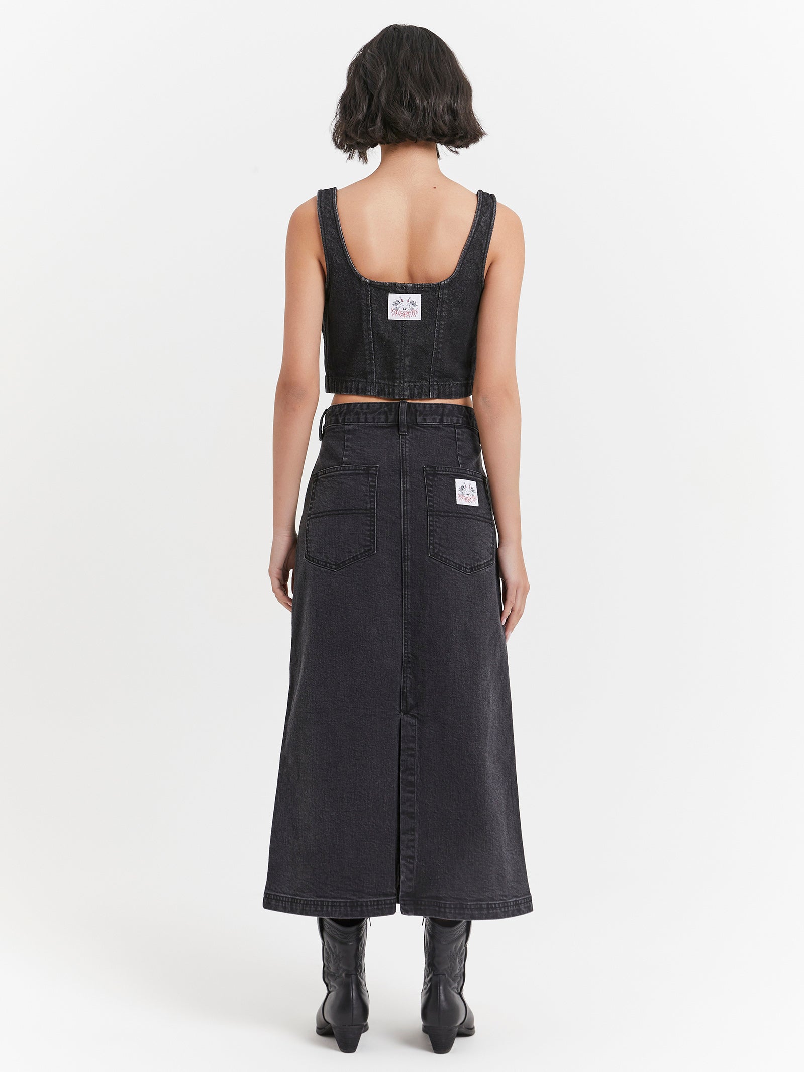 Mysteries Denim Maxi Skirt in Used Black