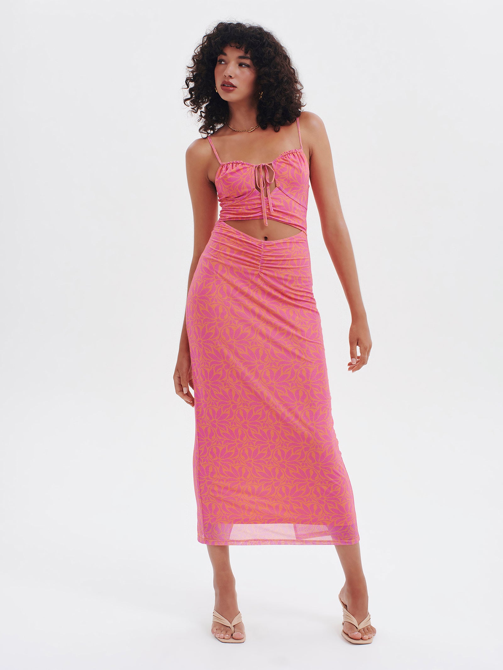 Desire Mesh Midi Dress in Pink Palm