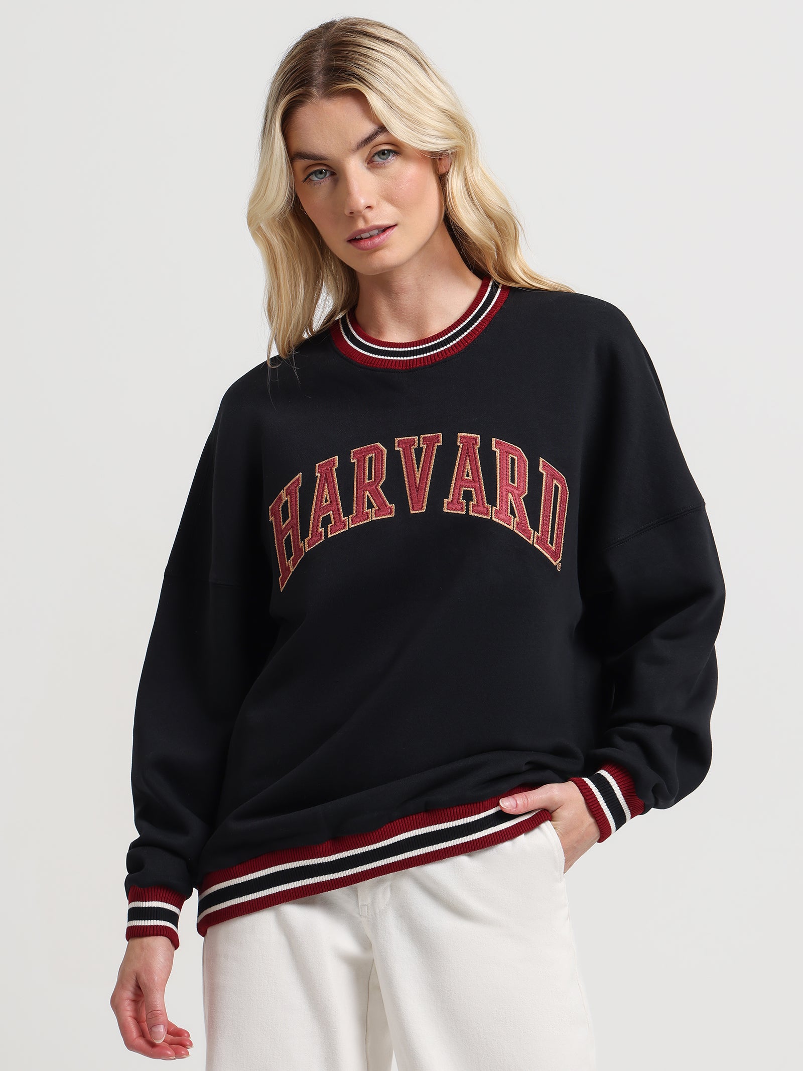 Harvard Trim Crew Neck Sweater in Black