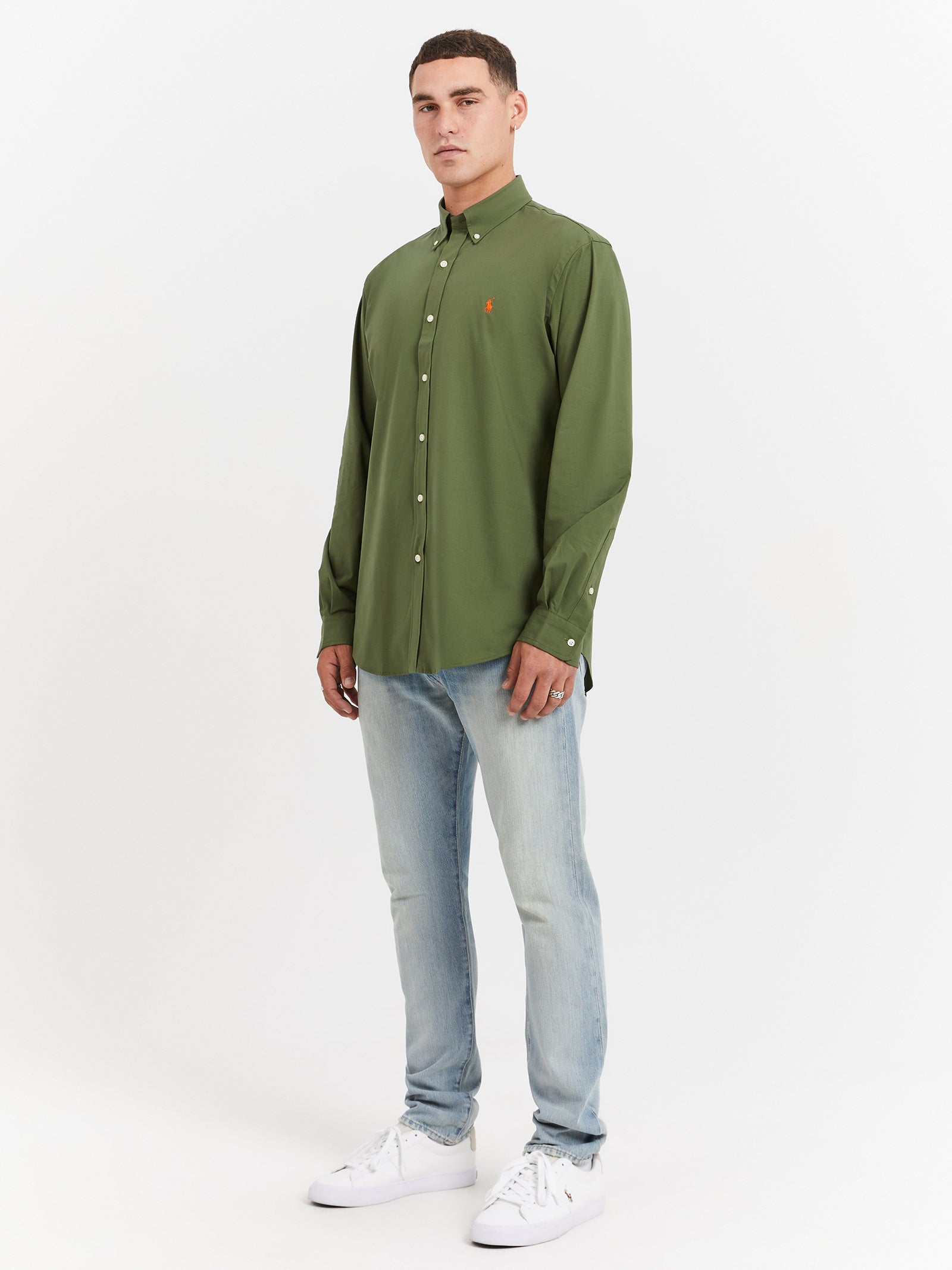 Custom Fit Long Sleeve Poplin Shirt in Supply Olive