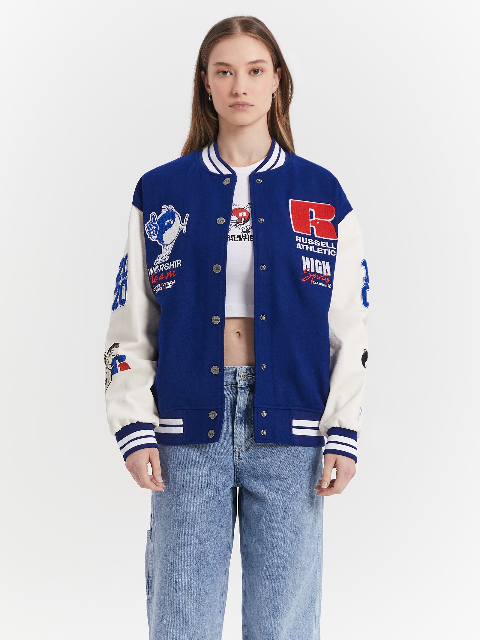 Russell Athletic Team Spirit Letterman Jacket in Levitation Blue & White