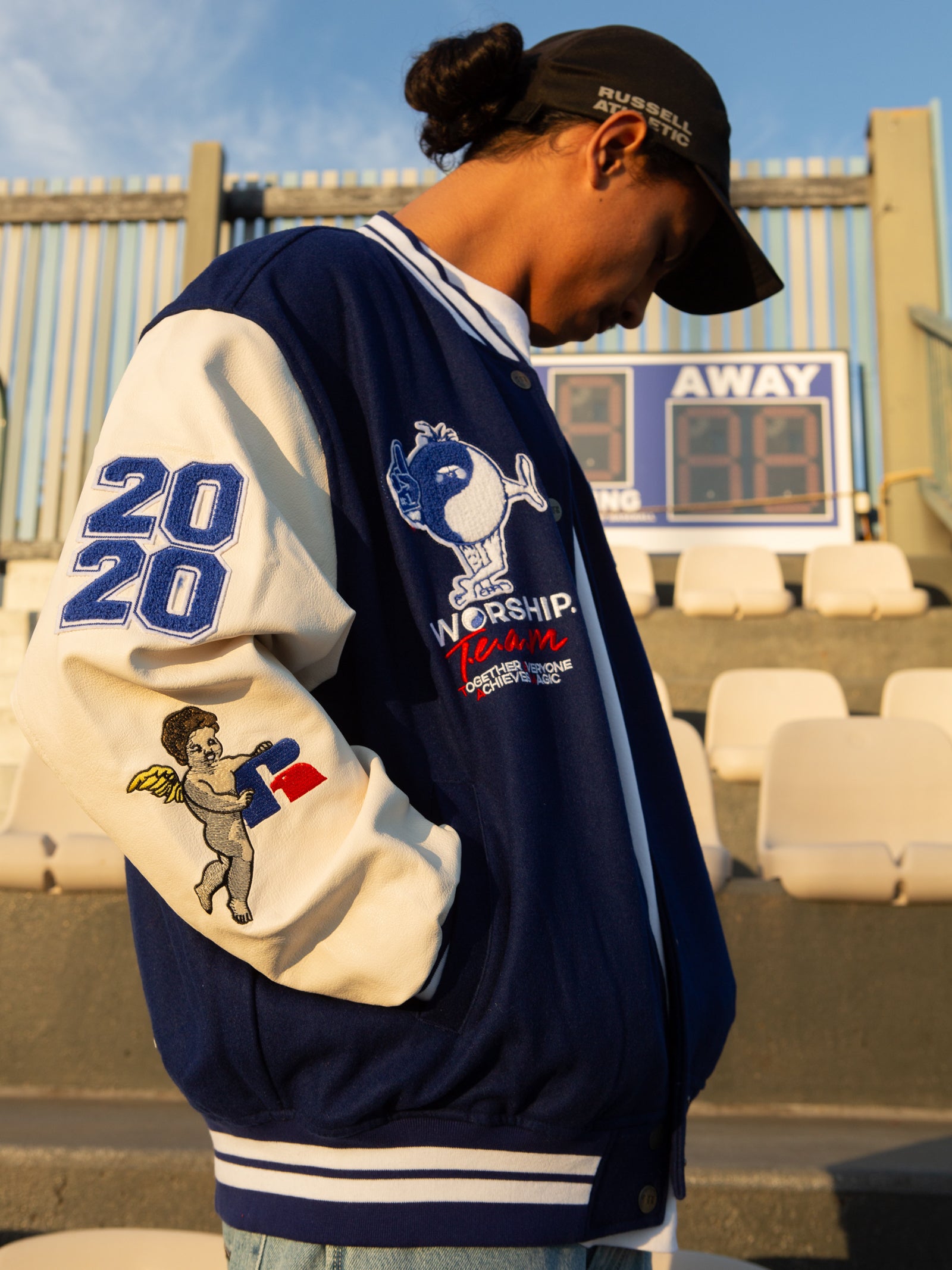 Team Spirit Letterman Jacket in Levitation Blue