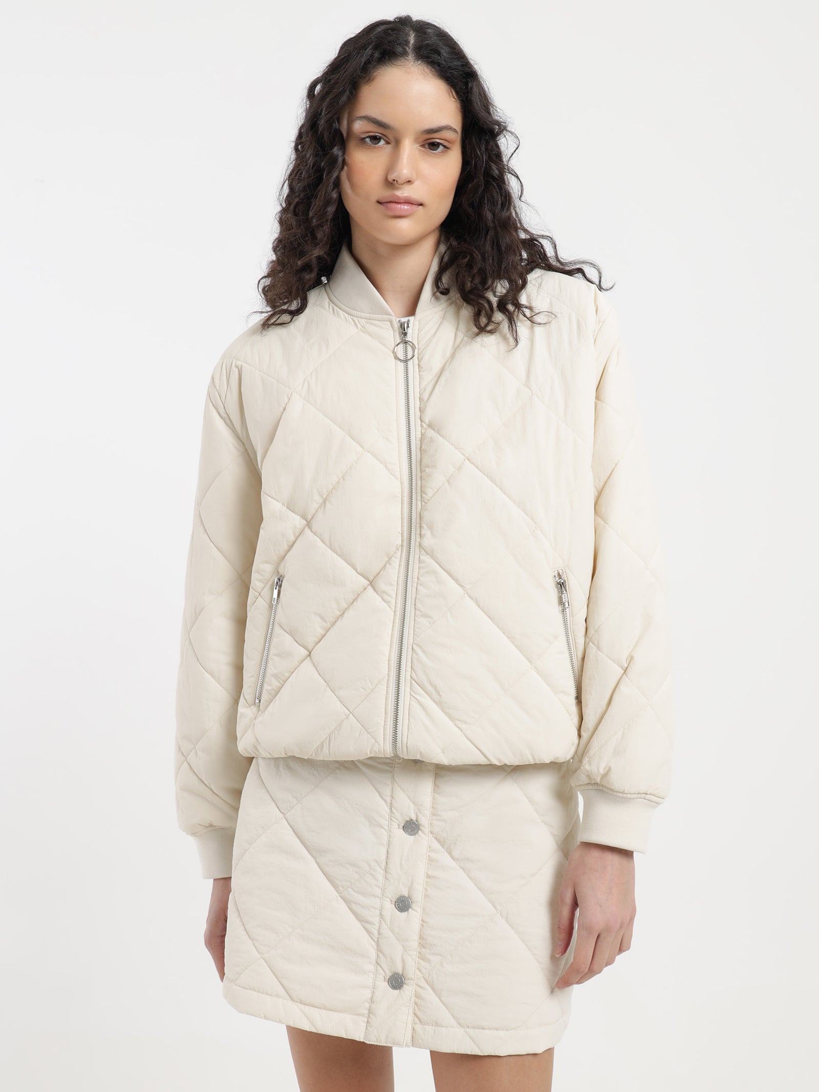 Zara Quilted Bomber in Off White