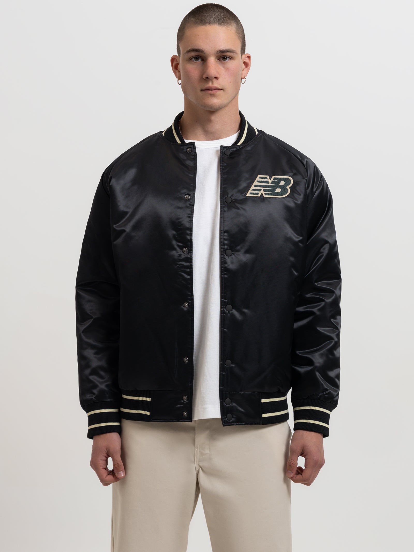 Athletics Varsity Satin Bomber Jacket in Black