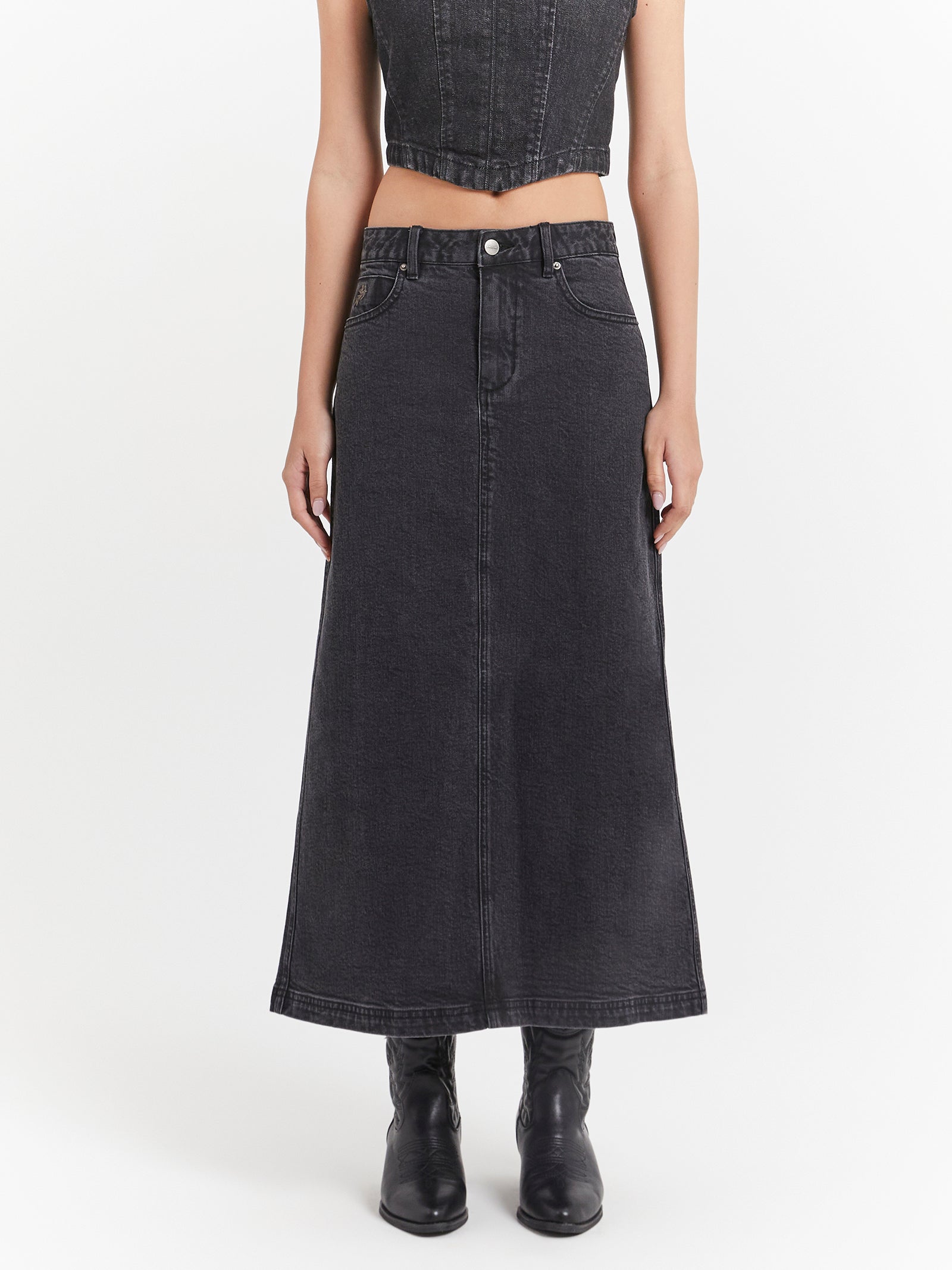 Mysteries Denim Maxi Skirt in Used Black