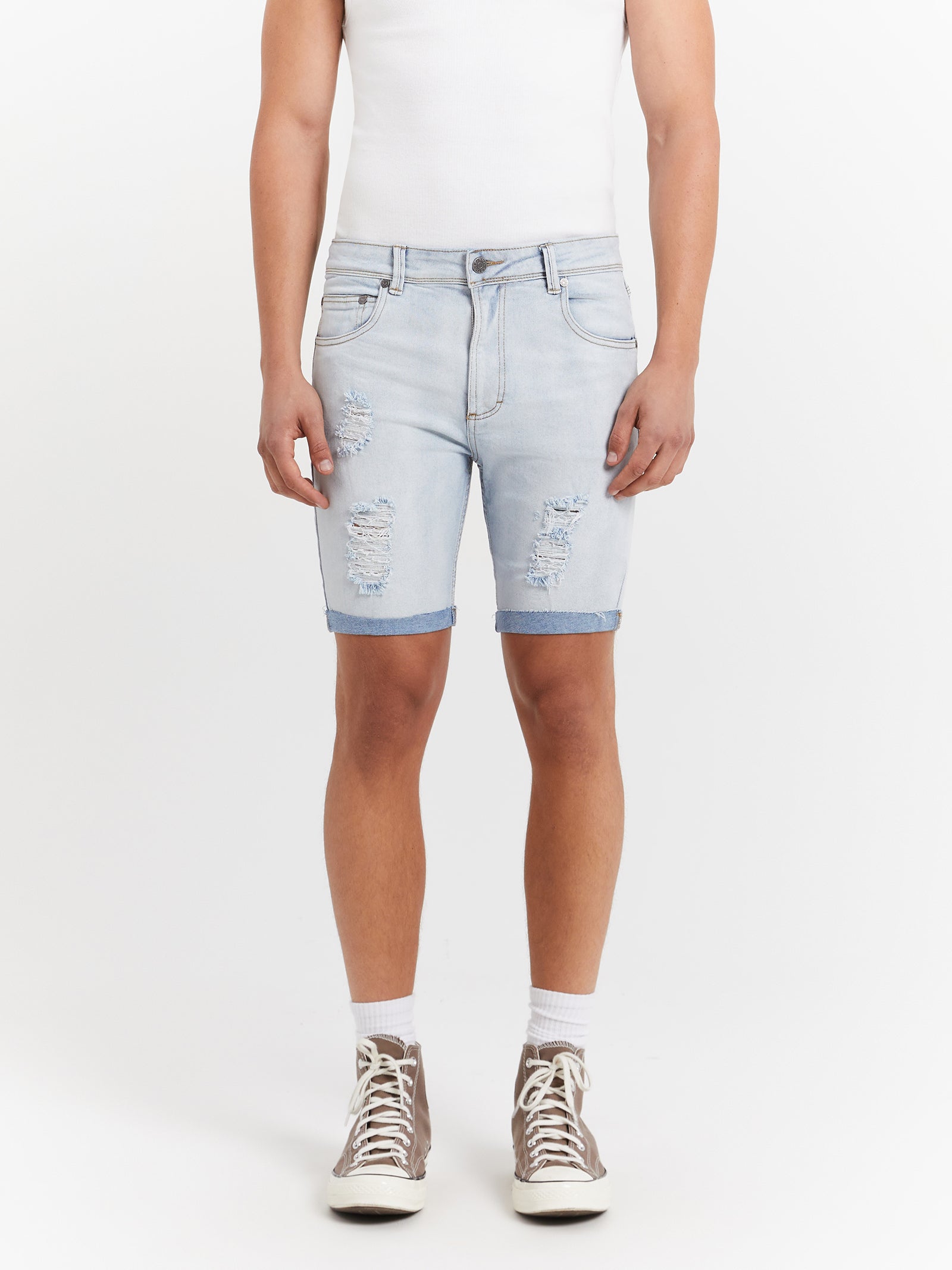 Zane Skinny Denim Shorts in Stone Blue Rip