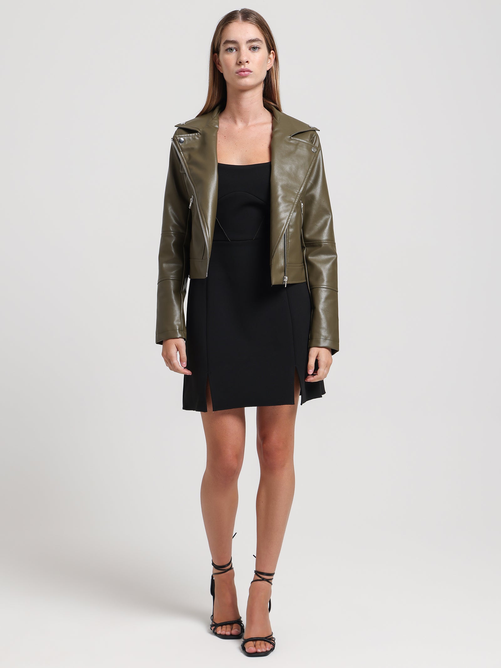 Percy Faux Leather Biker Jacket in Khaki