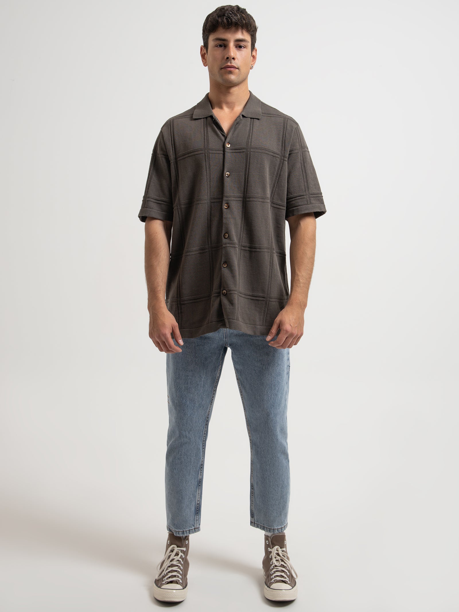 Natural Cooperation Jacquard Bowling Shirt in Tarmac