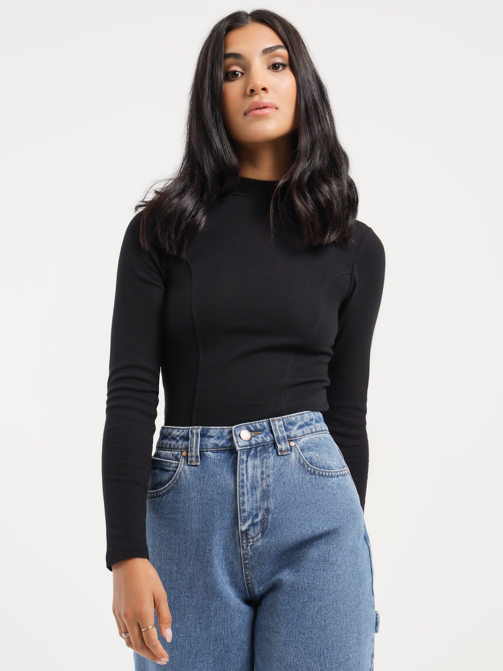 Emma High Neck Long Sleeve Top in Black