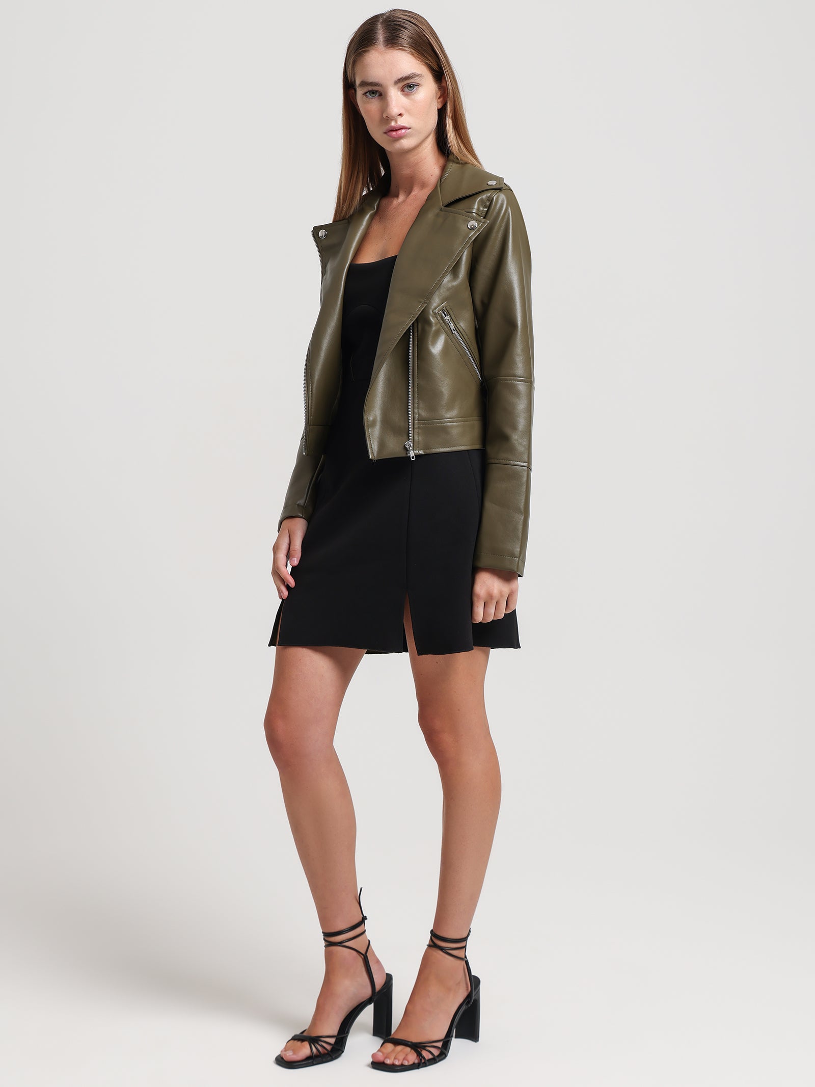 Percy Faux Leather Biker Jacket in Khaki