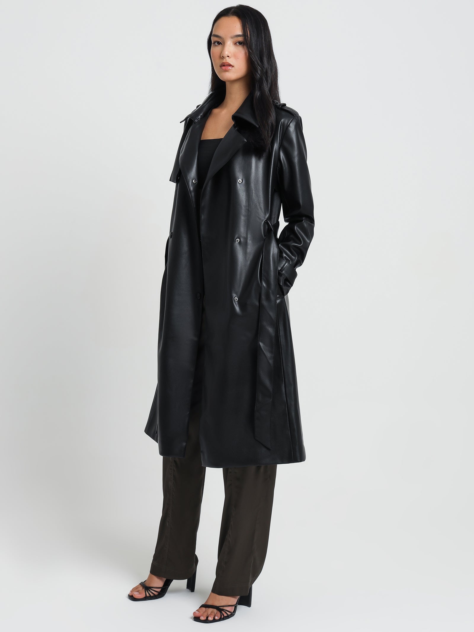 Hye Faux Leather Trench in Black