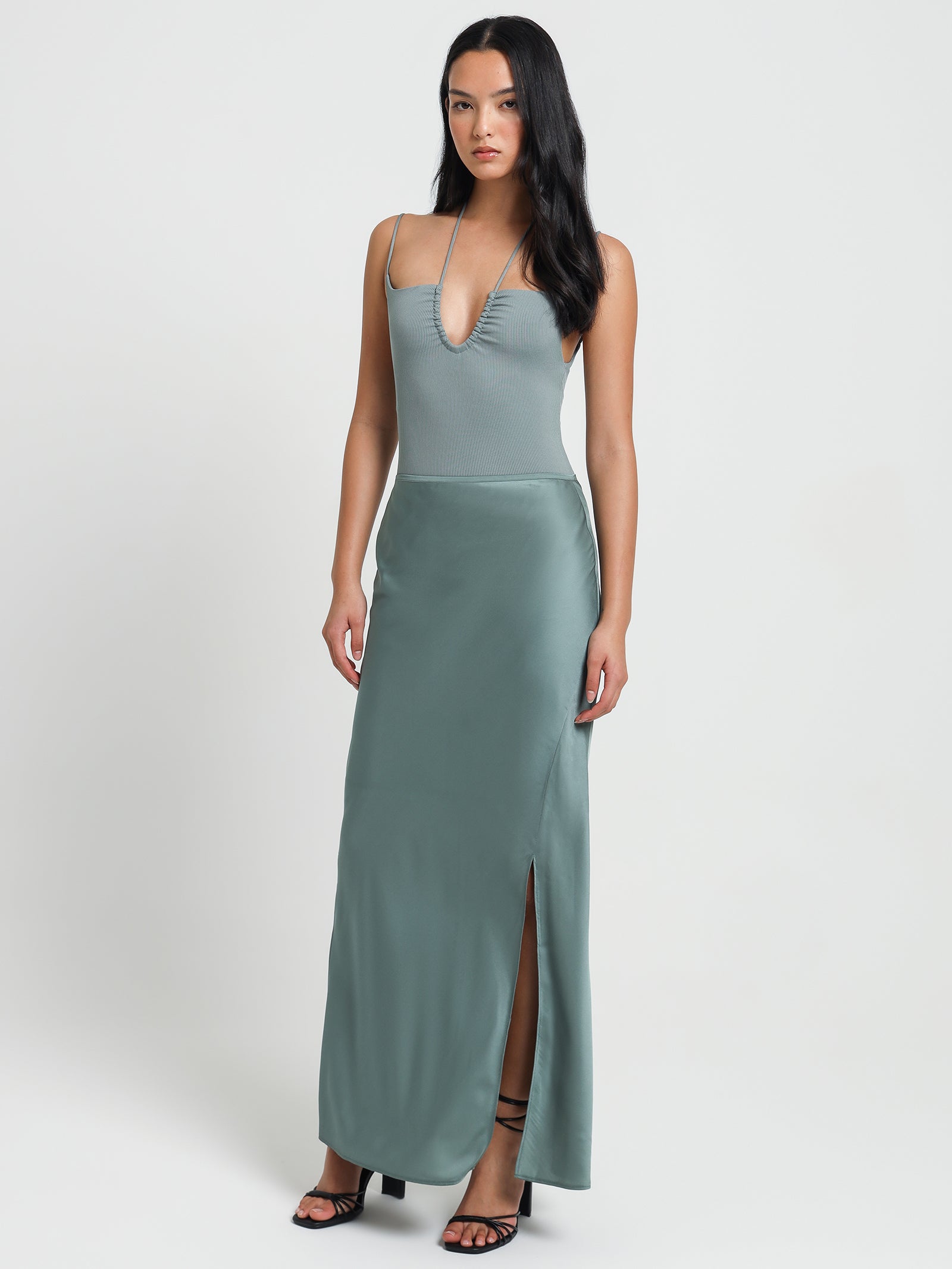 Suvi Satin Maxi Skirt in Seafoam