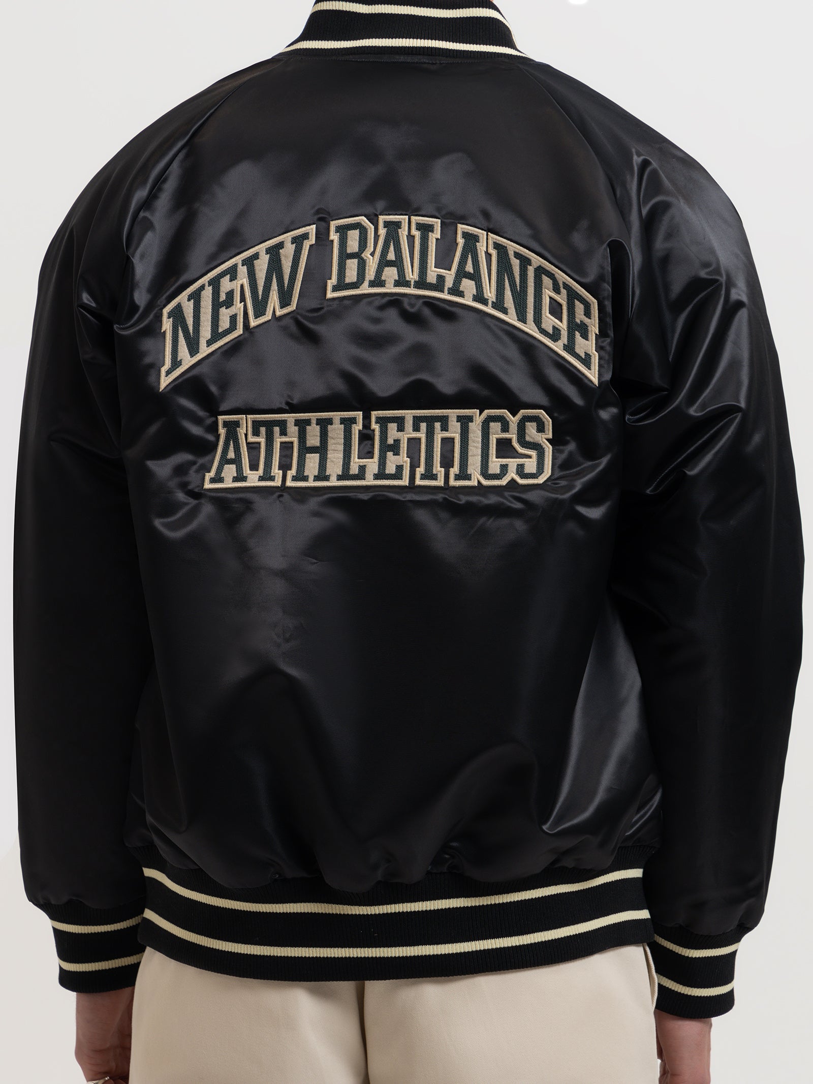 Athletics Varsity Satin Bomber Jacket in Black