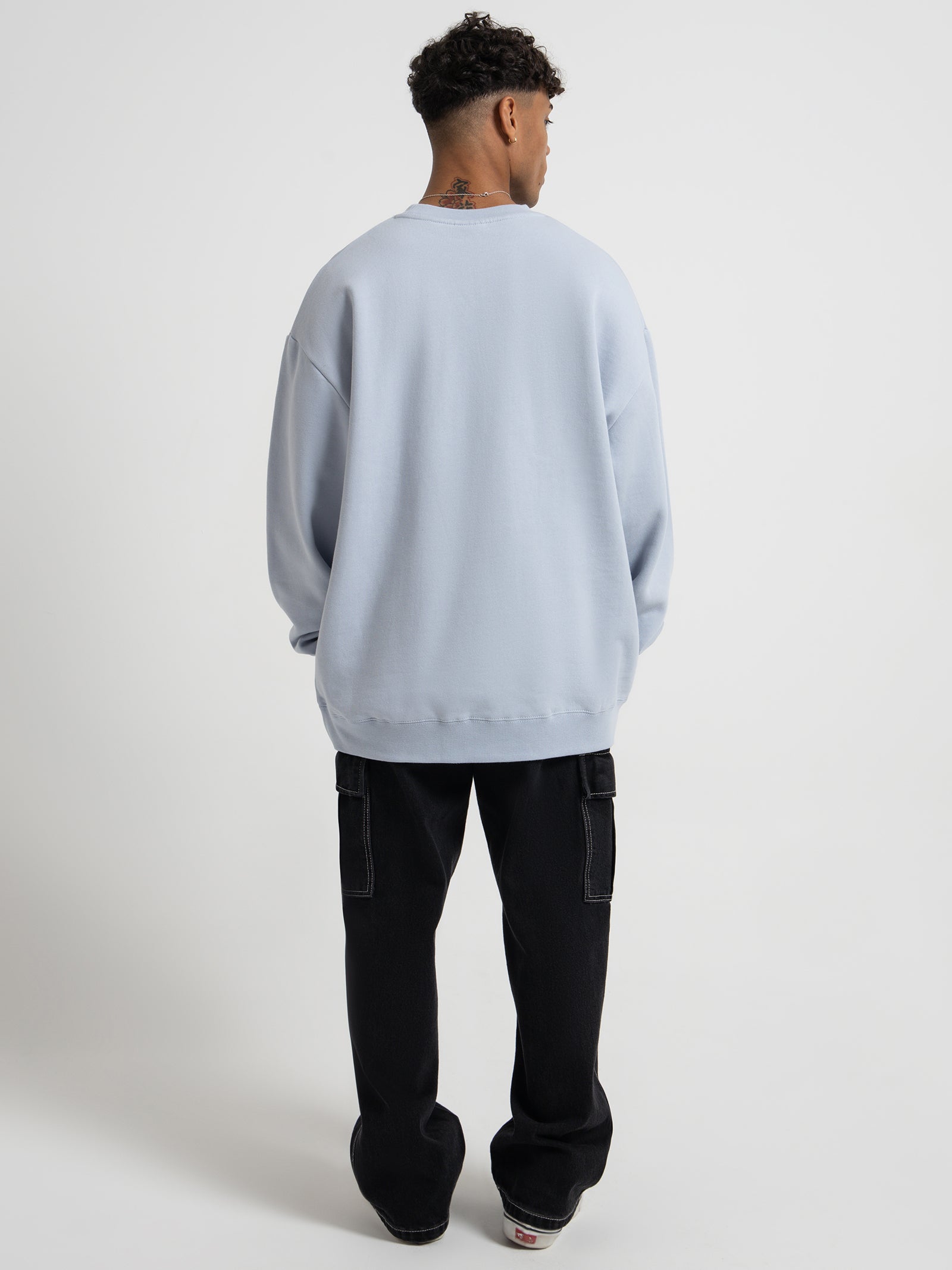 Solid Stock Embroidered Crew Sweater in Silver Blue