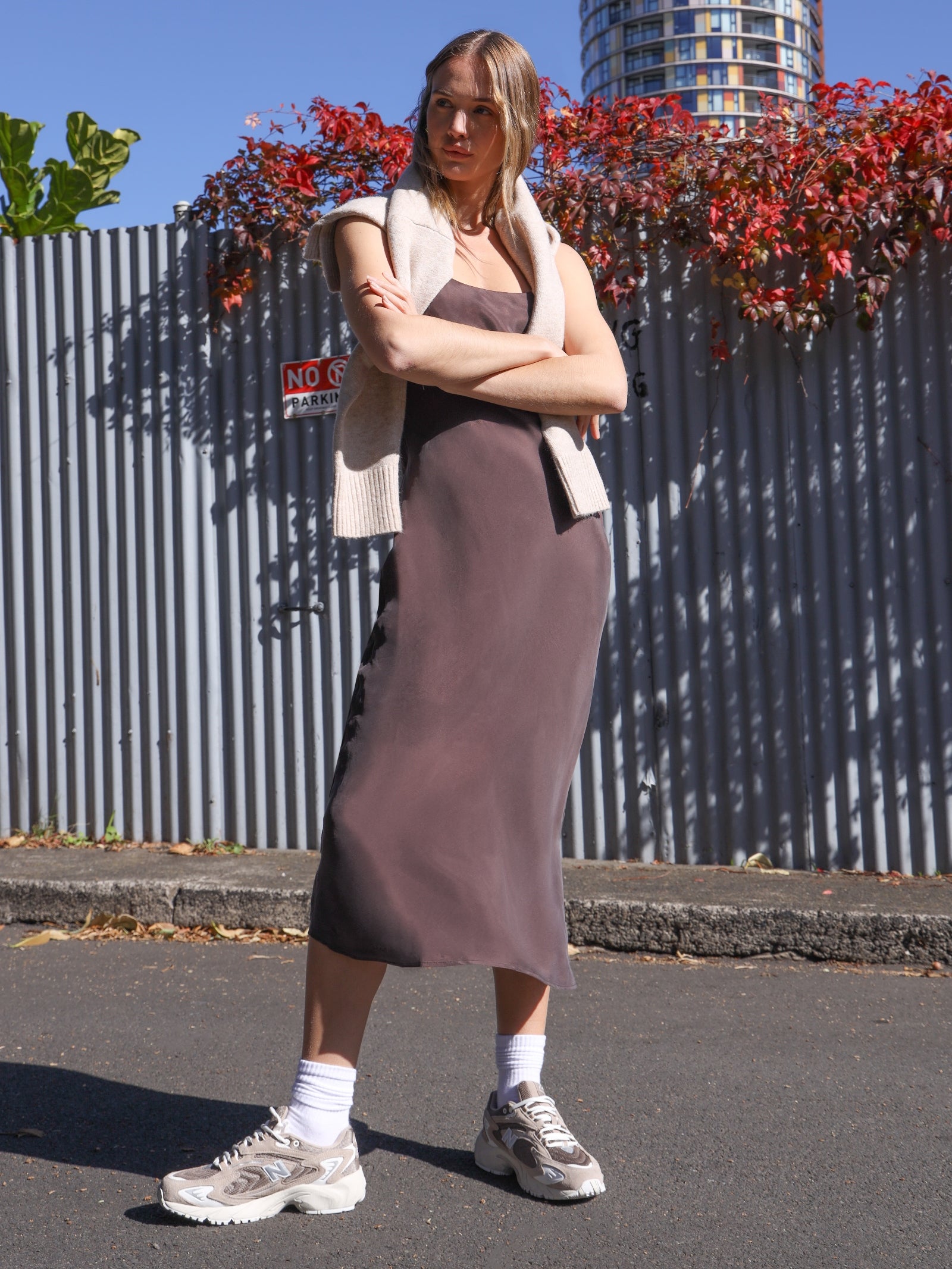 Ren Cupro Slip Dress in Cinder Brown