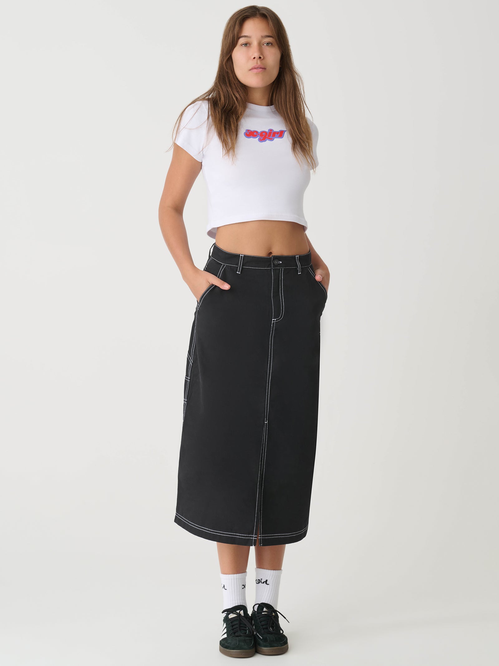 Contrast Stitch Carpenter Midi Skirt in Black