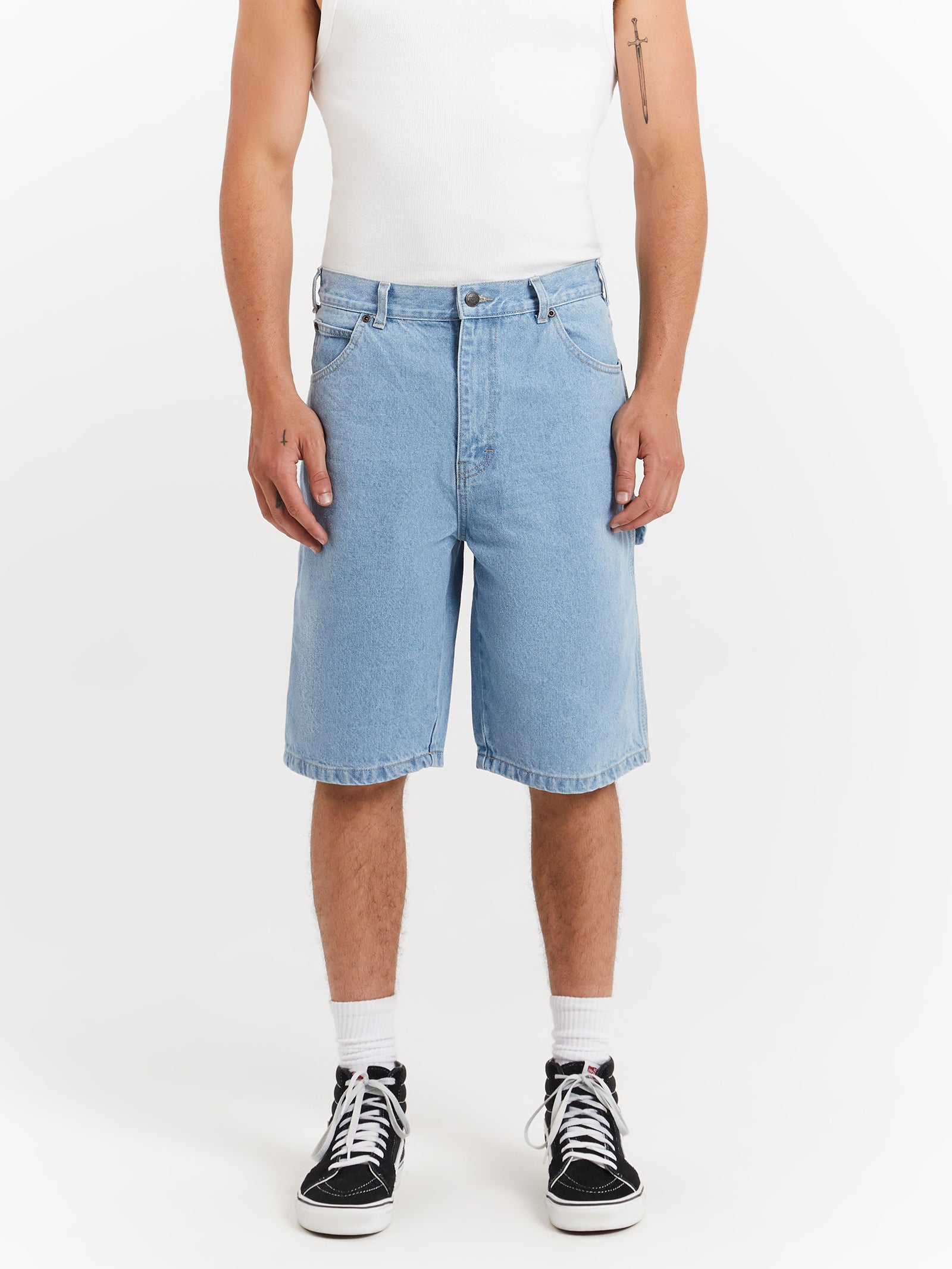 11' Relaxed Fit Carpenter Denim Shorts in Light Indigo