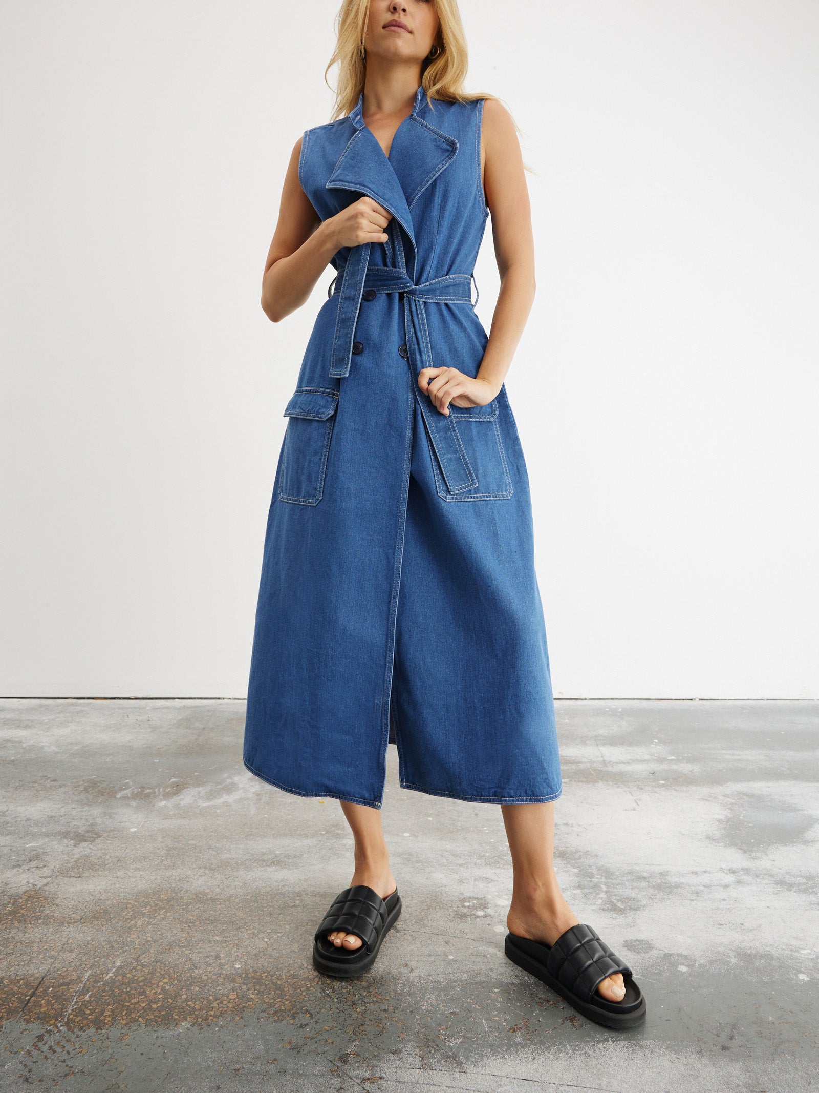 Advance Multi-Wear Denim Trench in Mid Blue