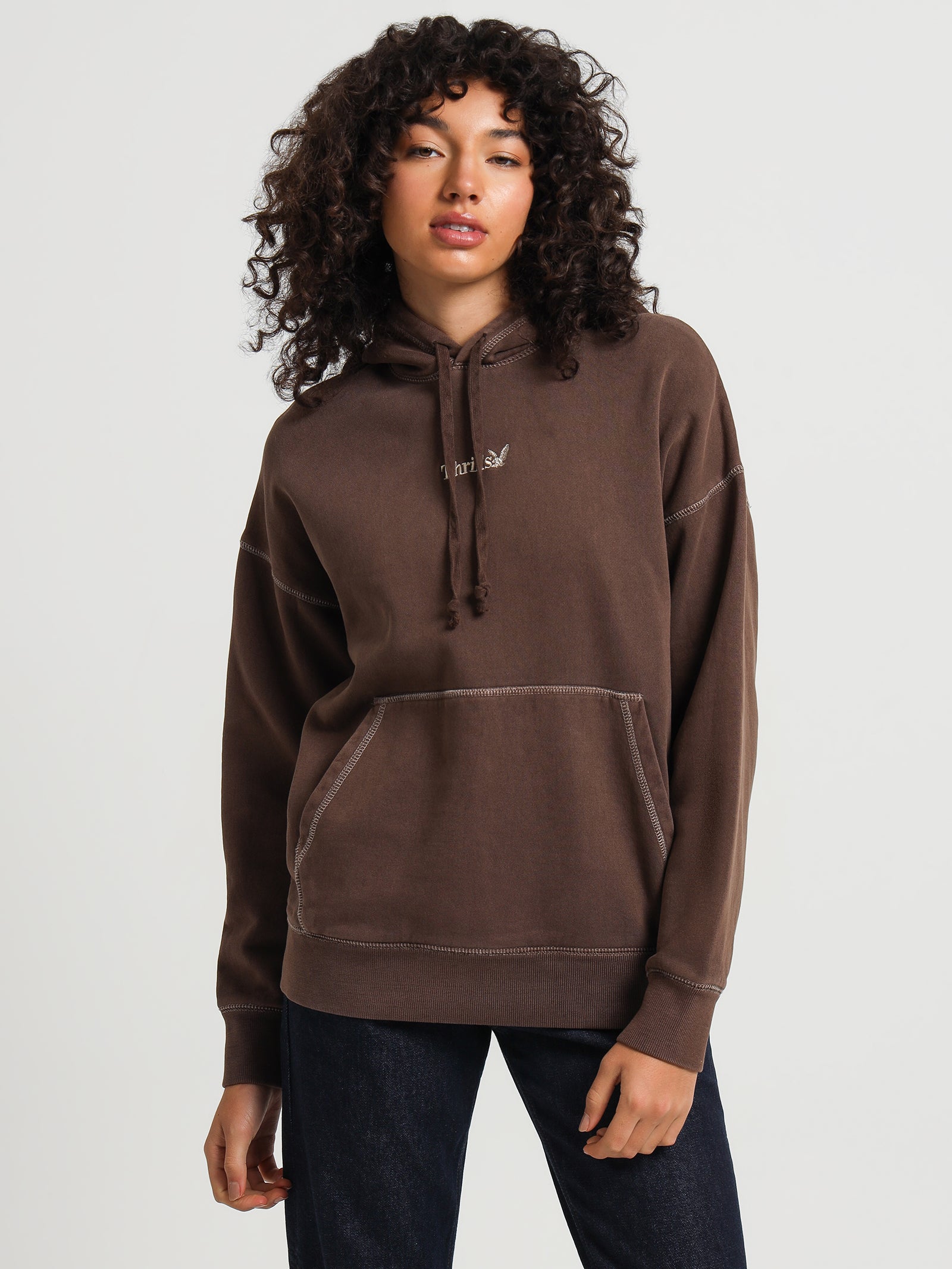 Thrills Workwear Embroidered Fleece Hoodie in Umber