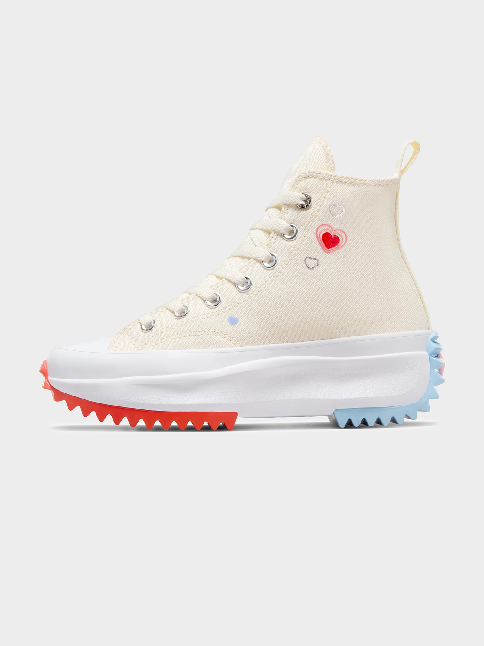 Unisex Converse Run Star Hike Y2K Heart High Top Sneakers in Fever Dream Red, True Sky Blue & Egret