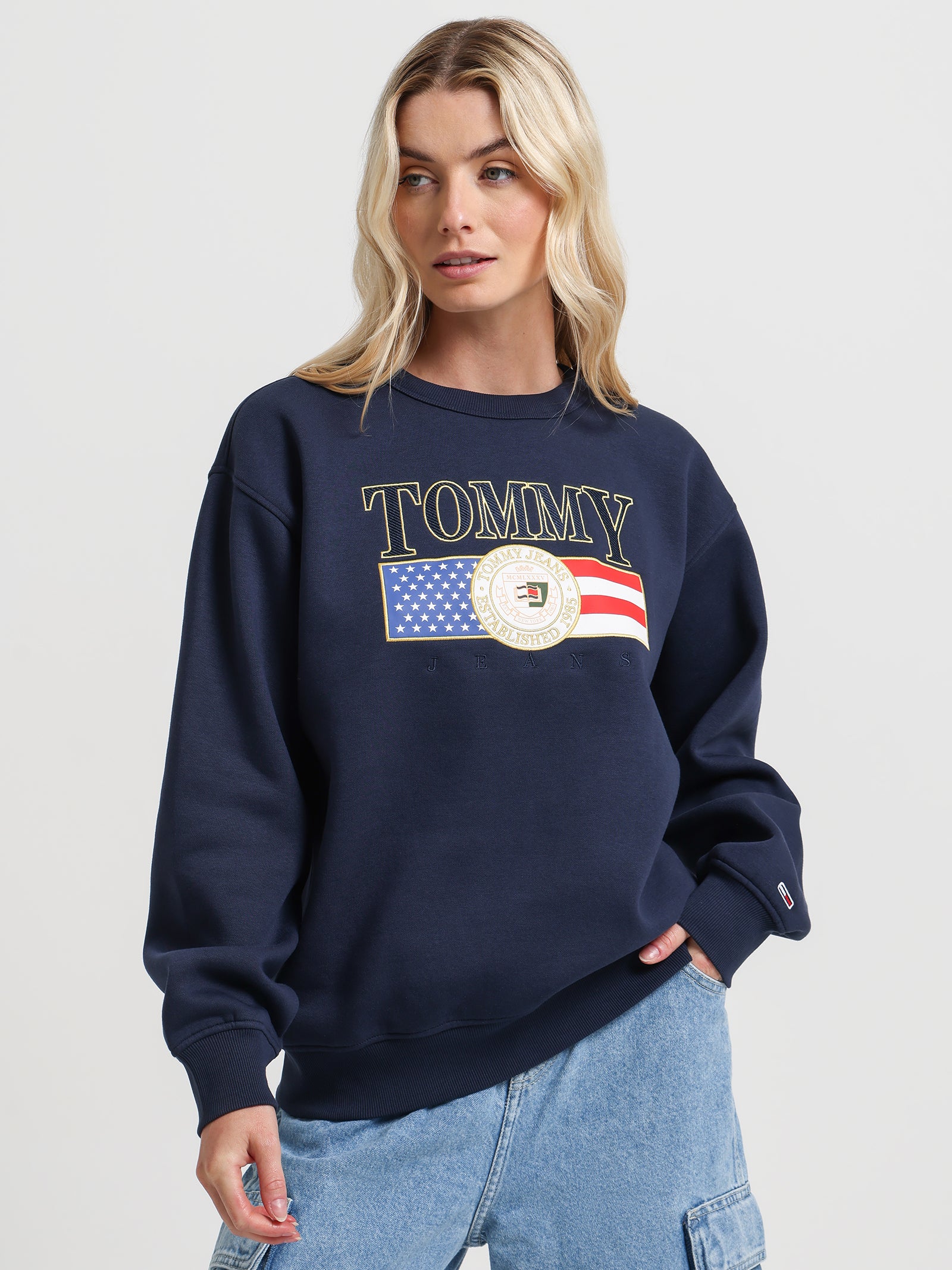 Logo Applique Relaxed Fit Sweatshirt in Navy