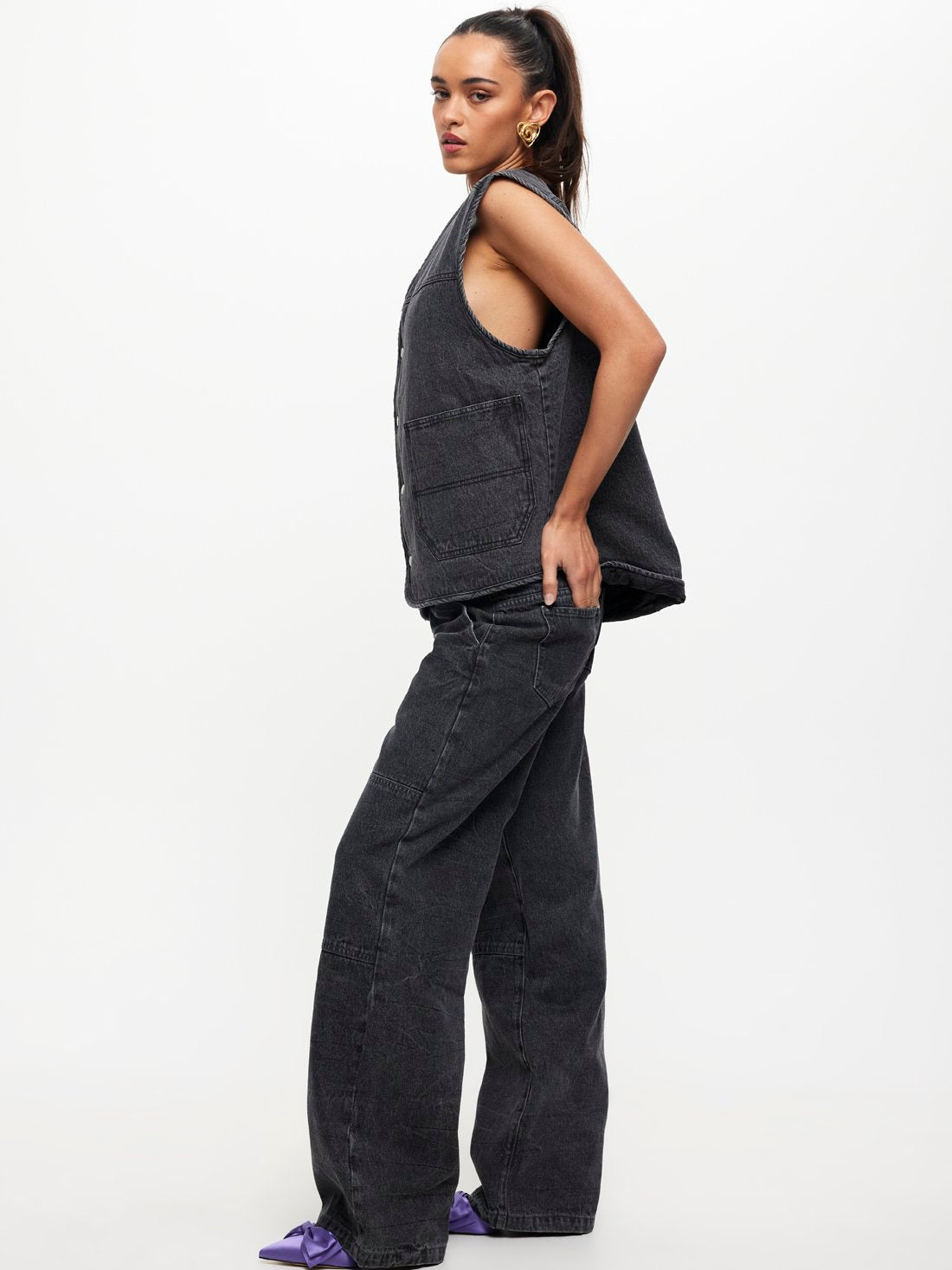 Freedom Oversized Denim Vest in Washed Charcoal Grey