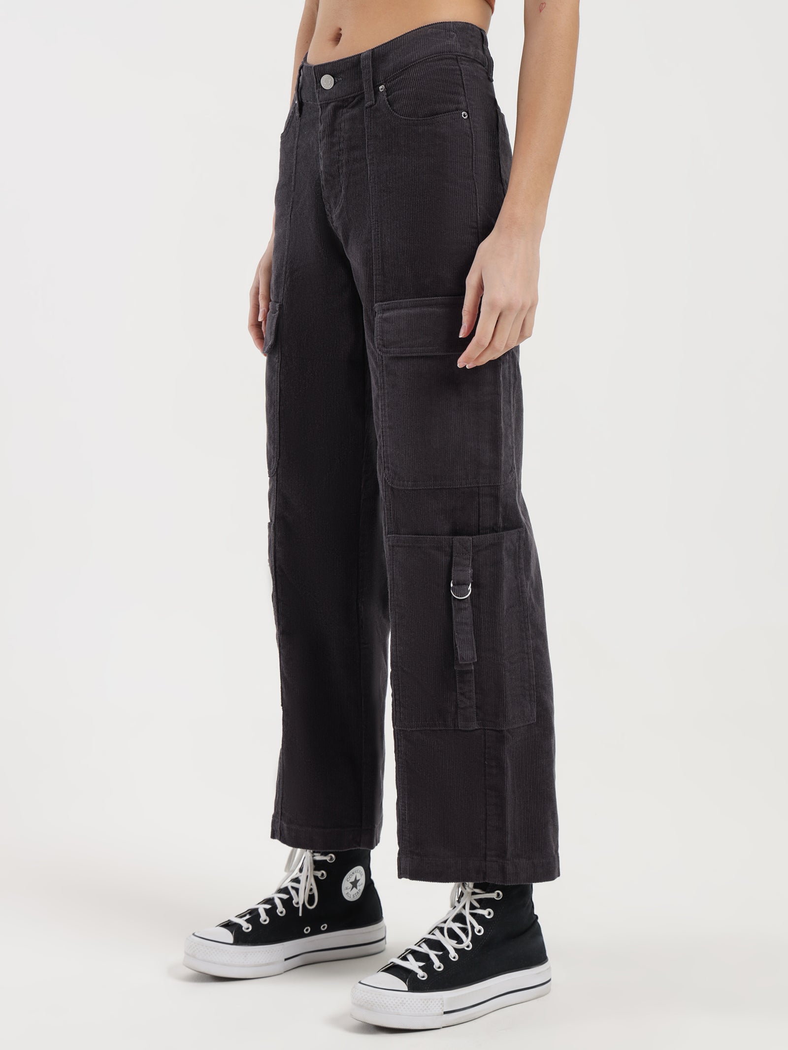 Aila Low Rise Cord Cargo Pants in Steel