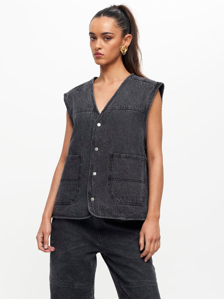 Freedom Oversized Denim Vest in Washed Charcoal Grey