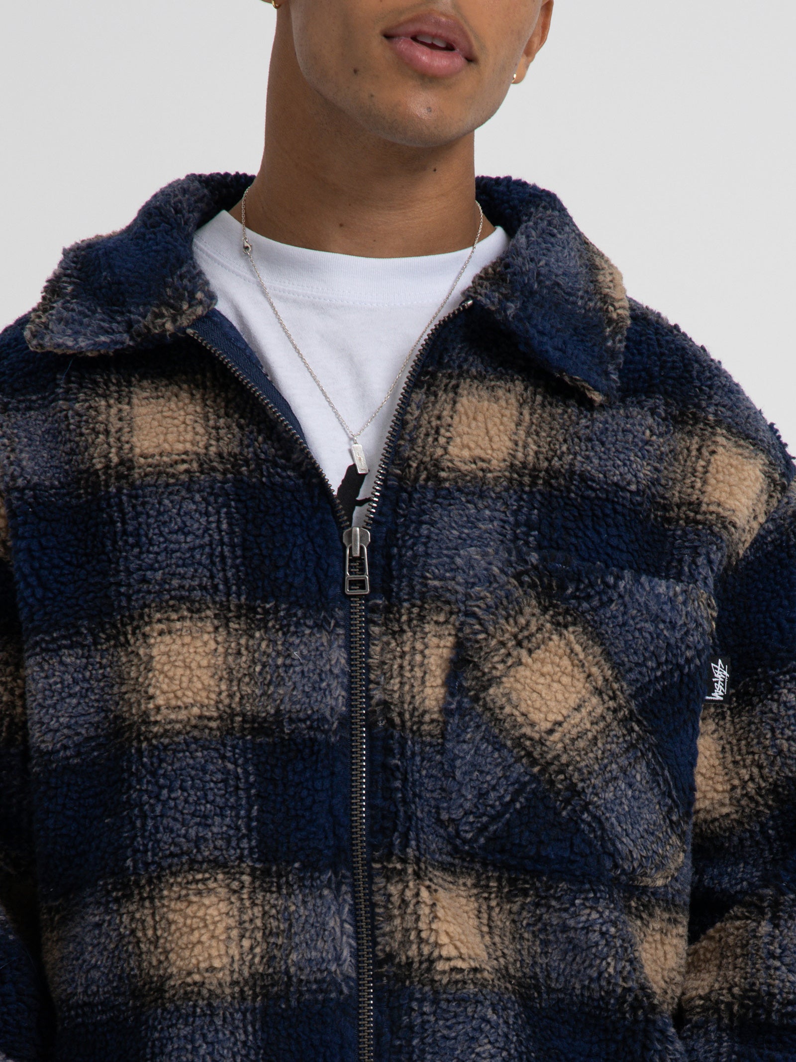 Shadow Plaid Sherpa Zip Shirt in Navy