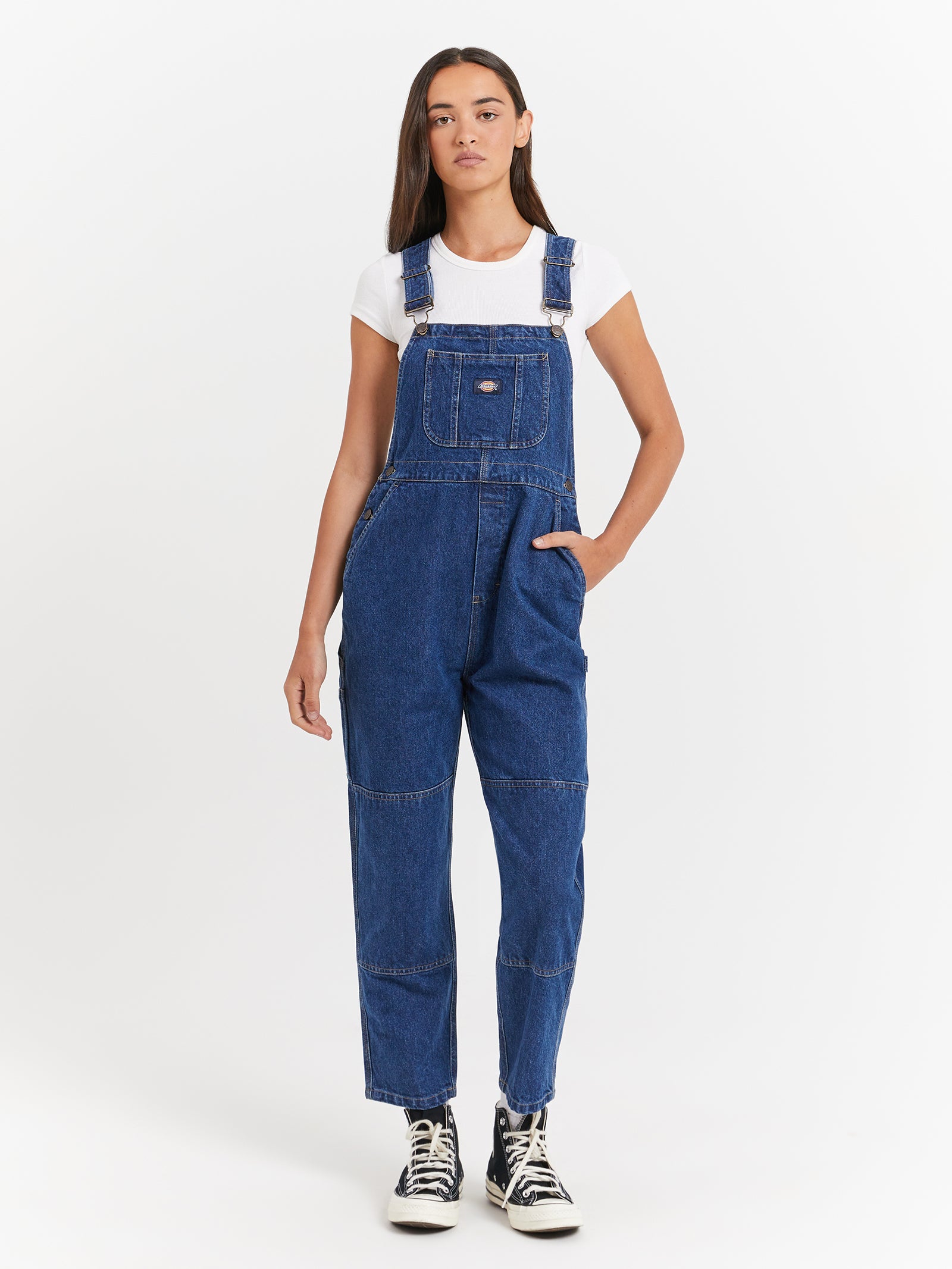 Whitney Denim Carpenter Double Knee Dungarees in Stone Wash