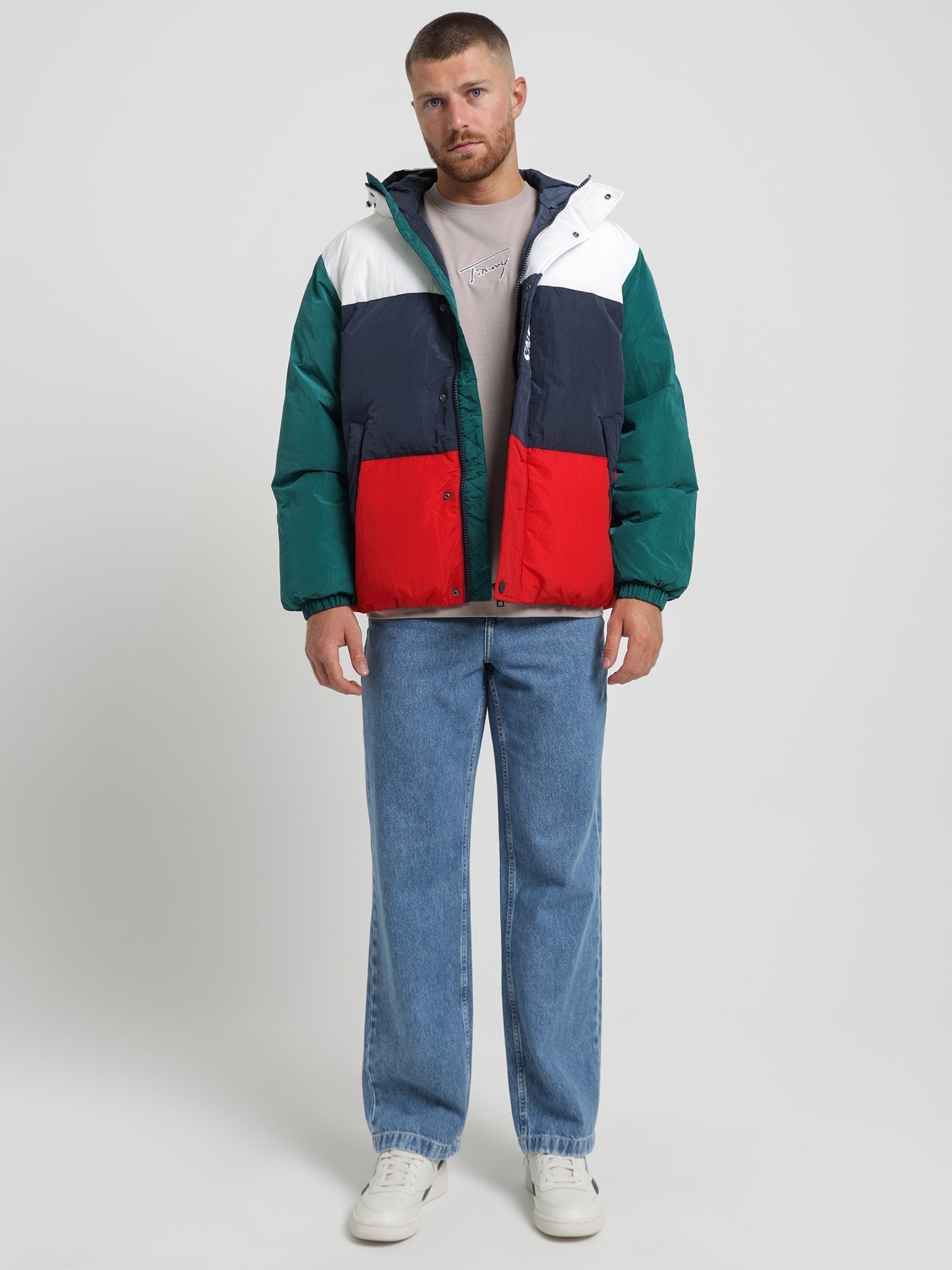 Colour-Blocked Oversized Hooded Puffer Jacket in Multi