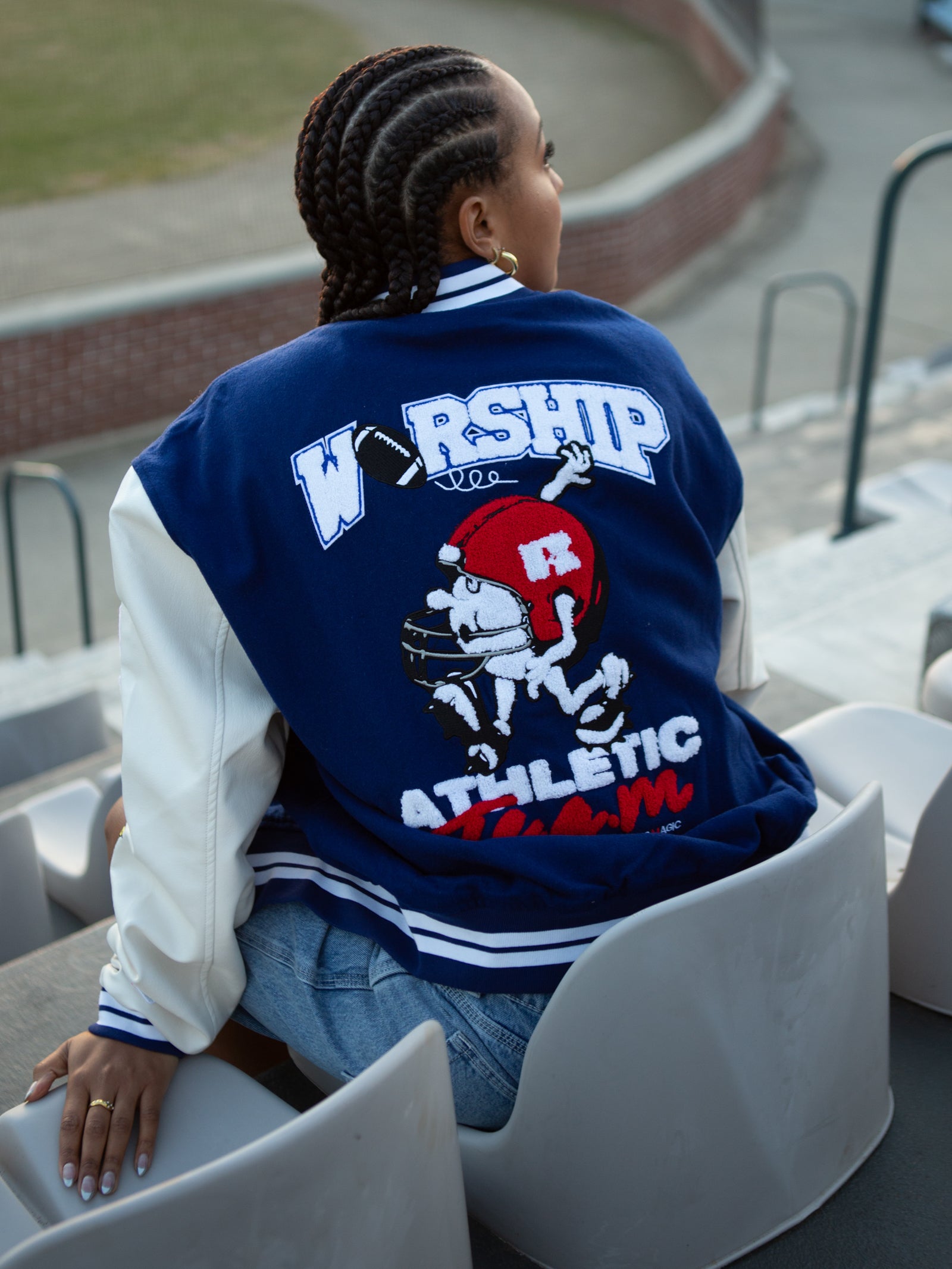 Russell Athletic Team Spirit Letterman Jacket in Levitation Blue & White