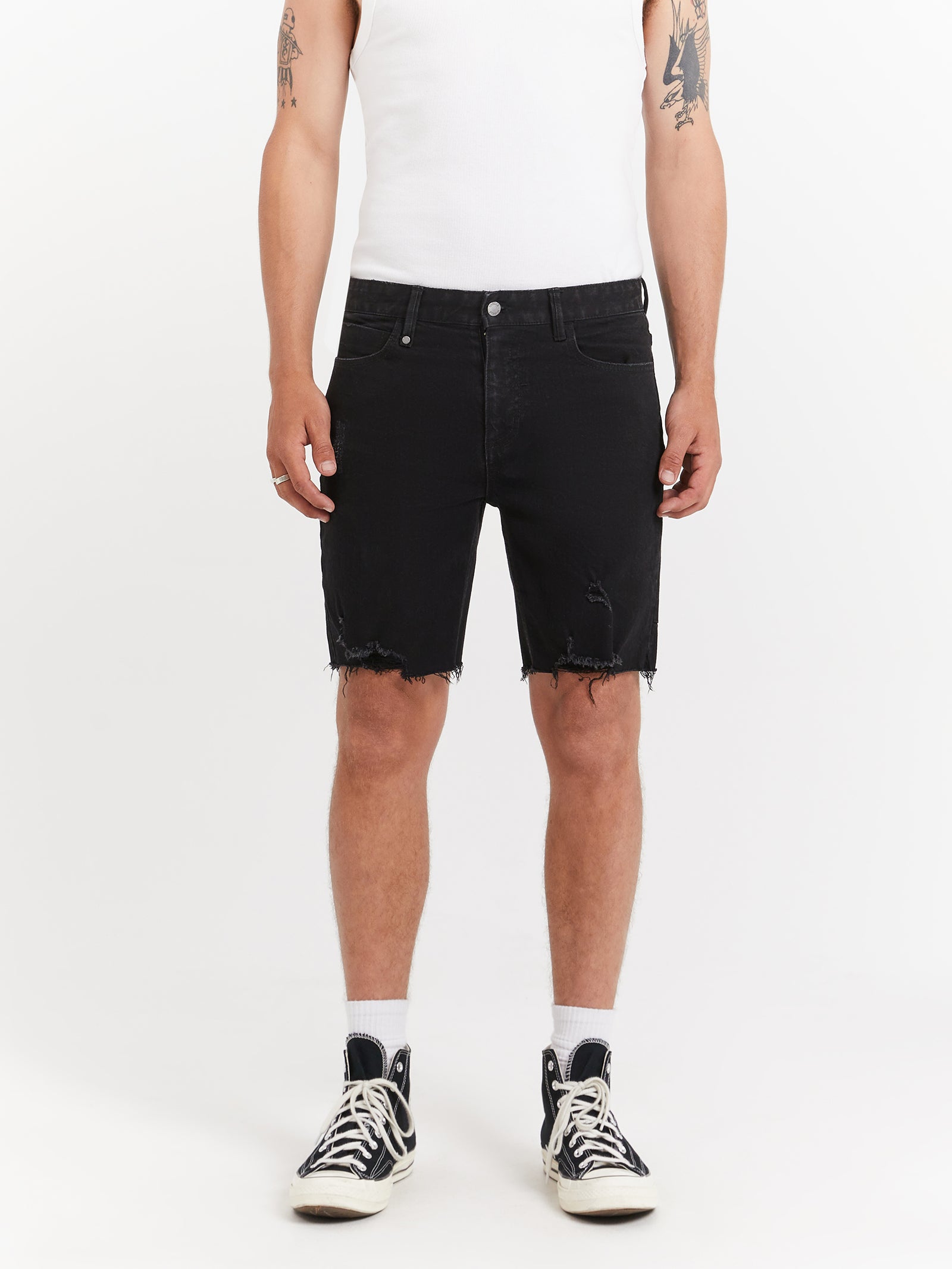 Destroyed Bones Denim Shorts in Black Rinse