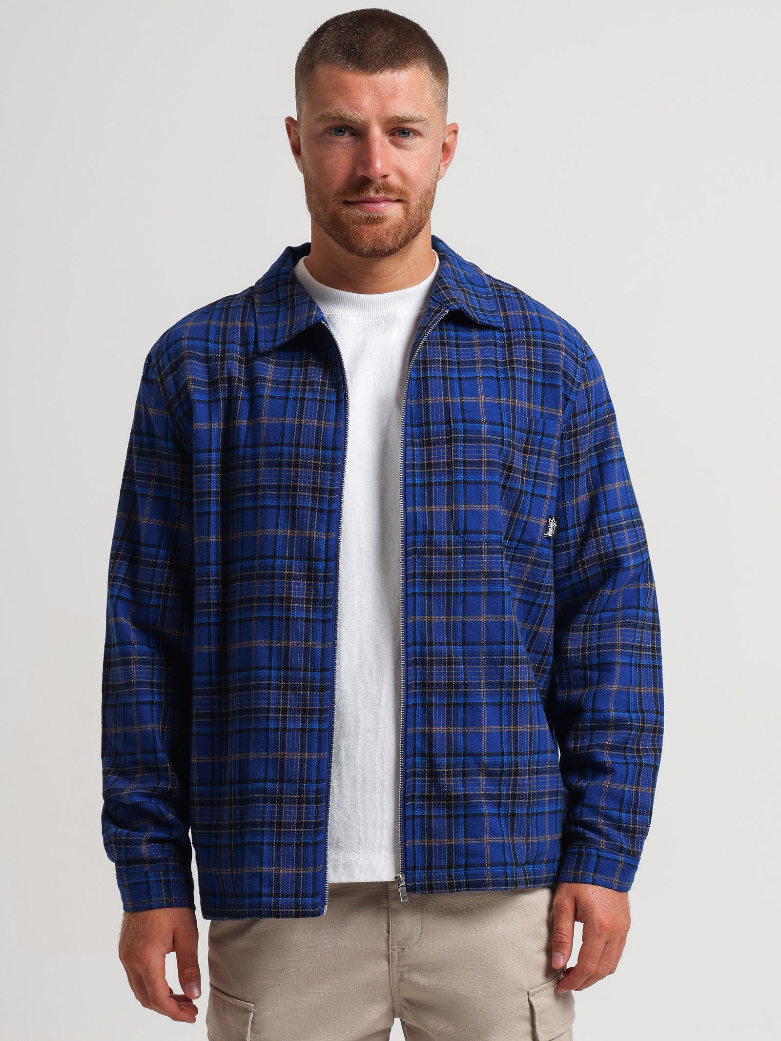 Shadow Plaid Zip Long Sleeve Shirt in Blue