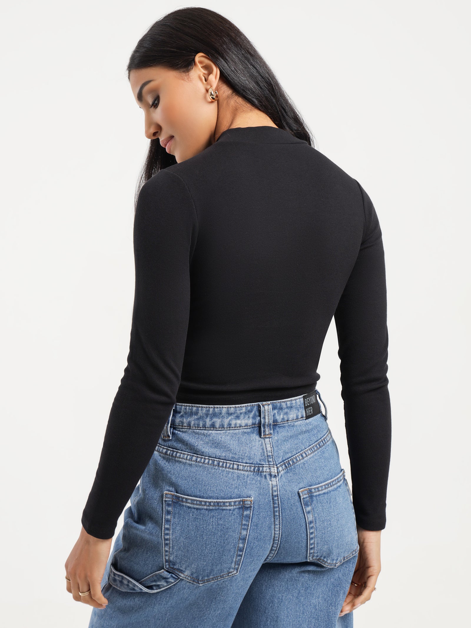 Emma High Neck Long Sleeve Top in Black