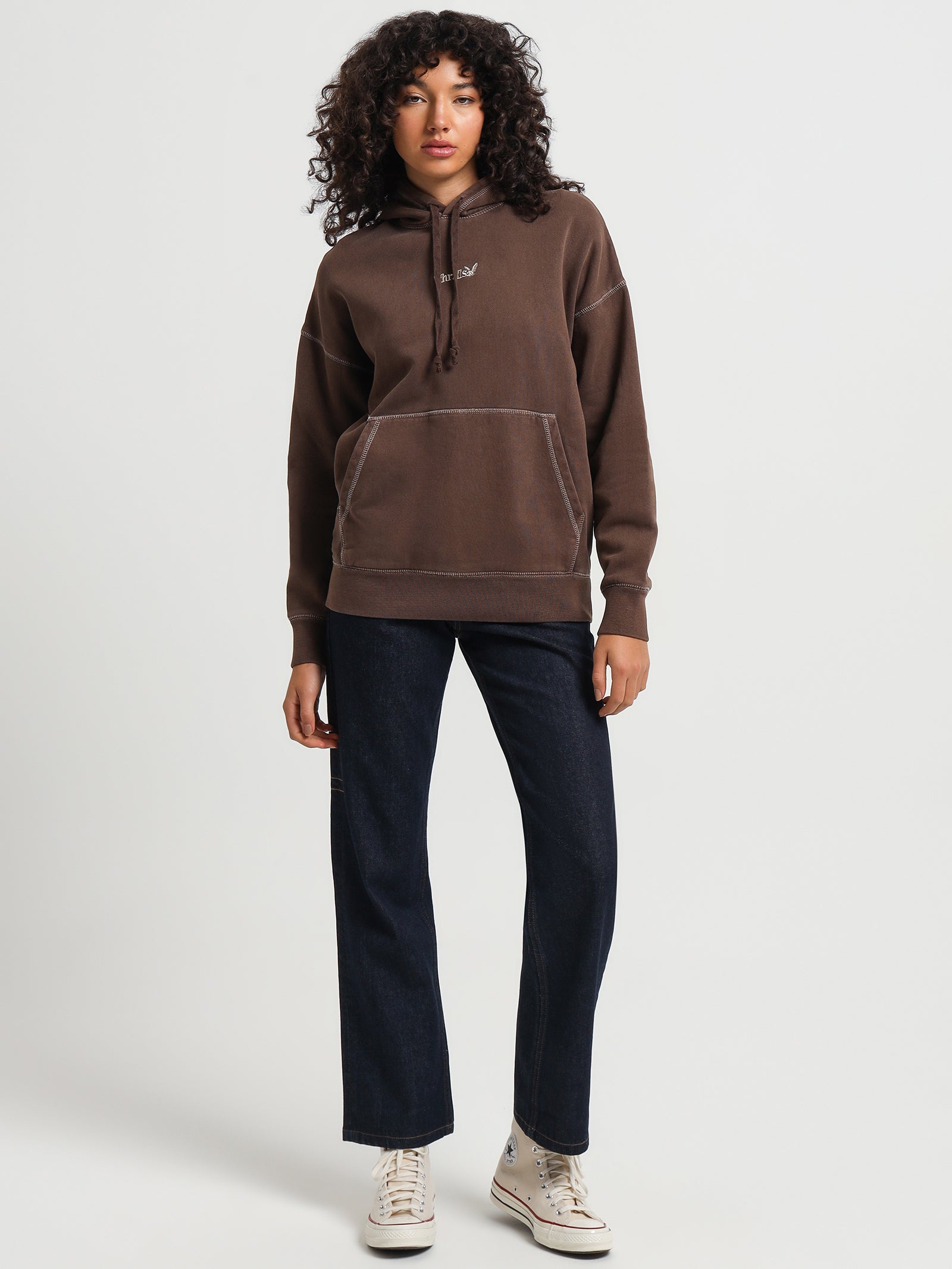 Thrills Workwear Embroidered Fleece Hoodie in Umber