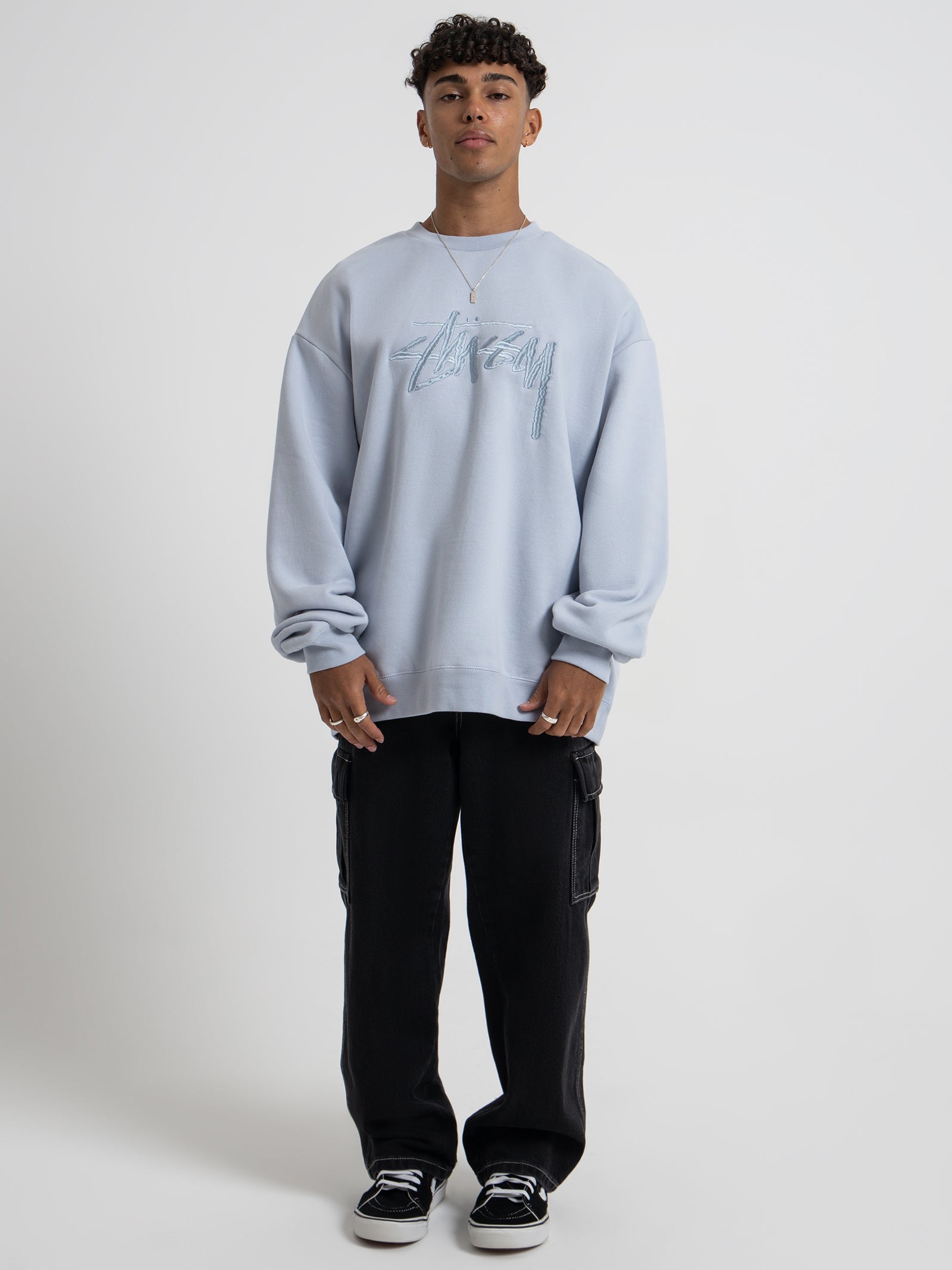 Solid Stock Embroidered Crew Sweater in Silver Blue