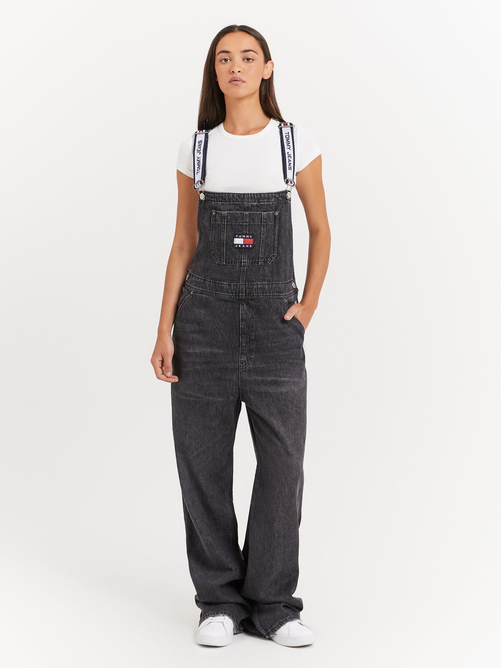 Logo Strap Denim Dungarees in Black