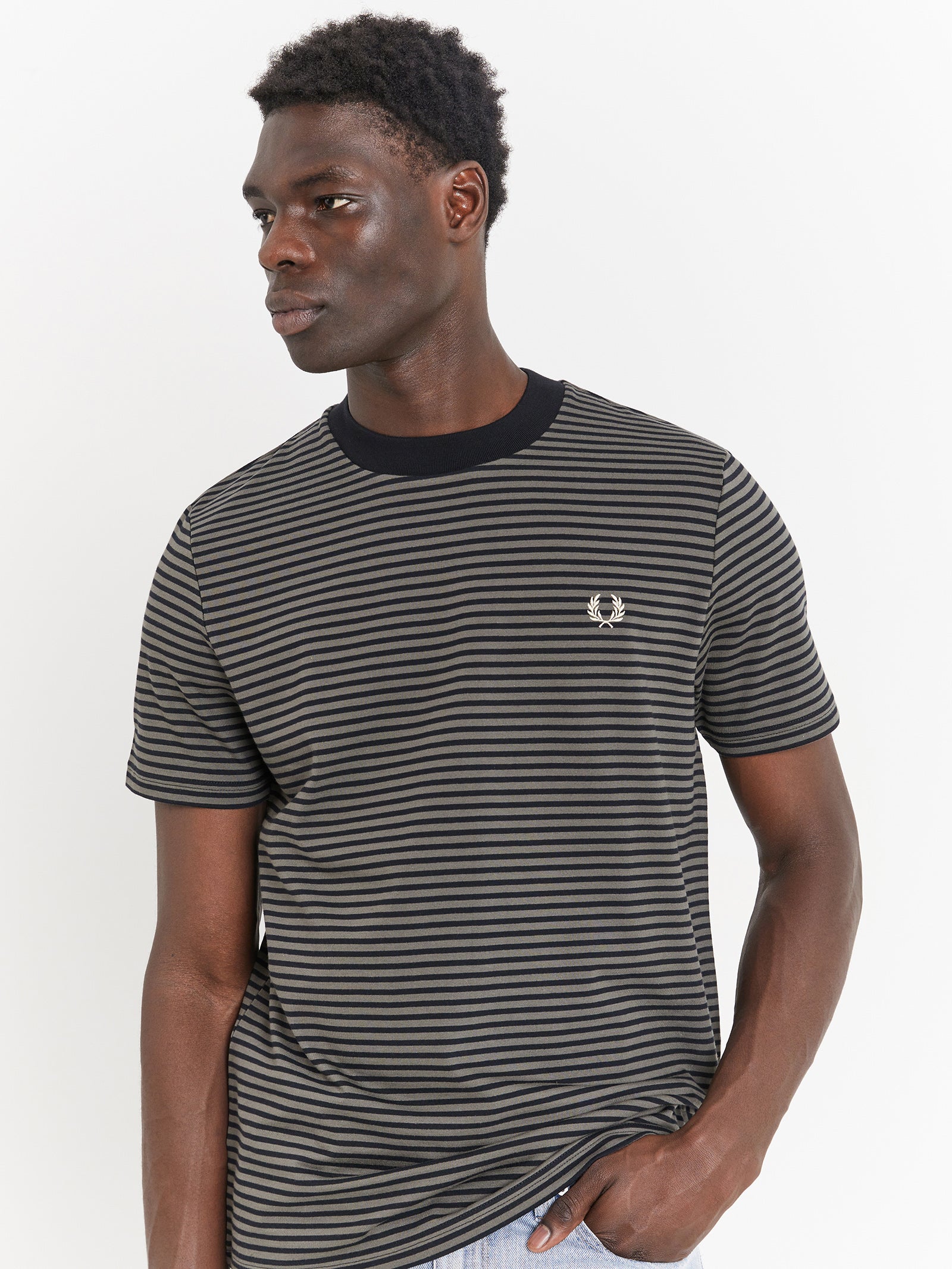 Fine Stripe Heavy Weight T-Shirt in Black & Field Green